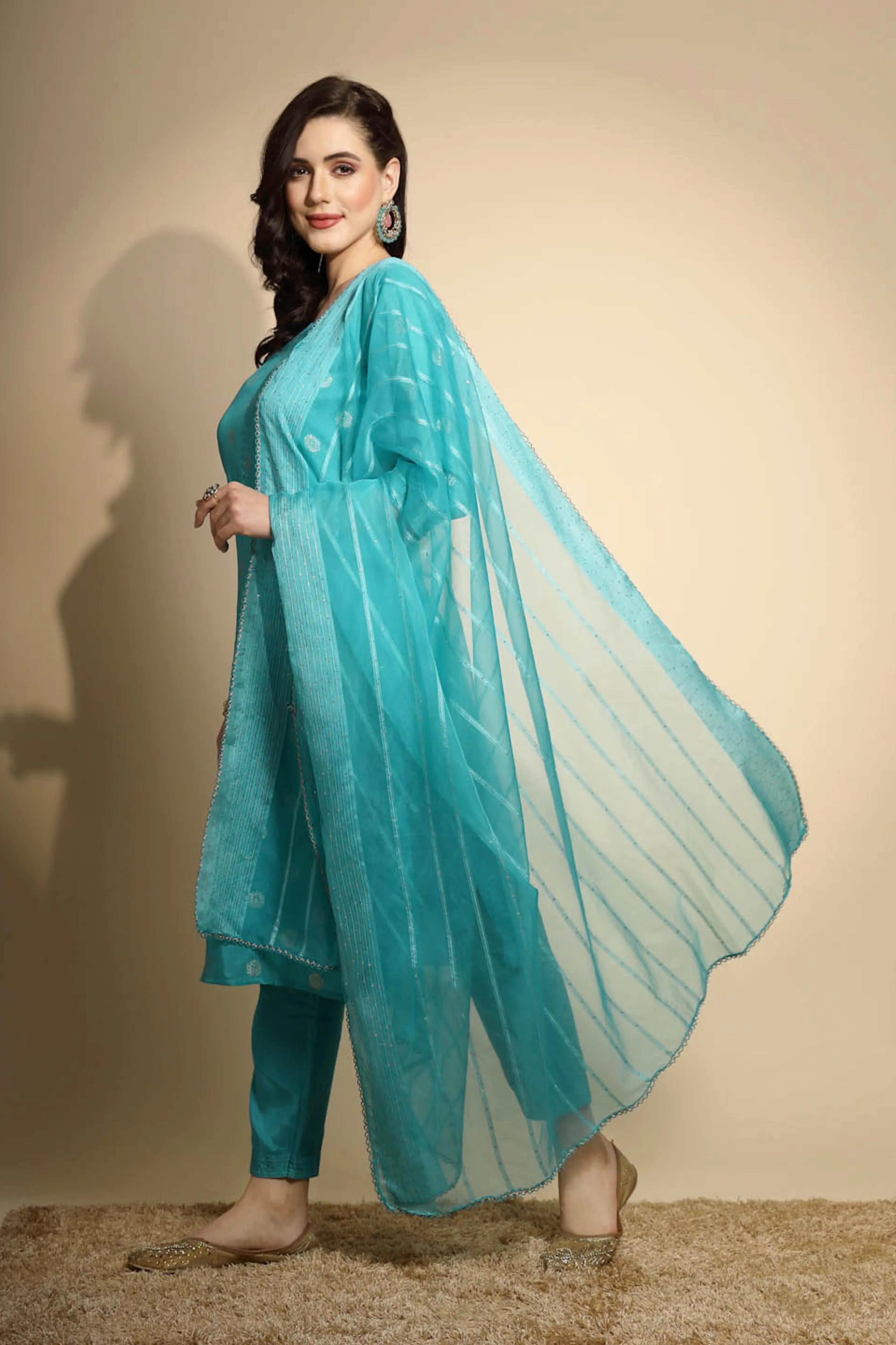 Firozi Foil Printed Silk Kurta Bottom Set With Organza Dupatta - Global Republic
