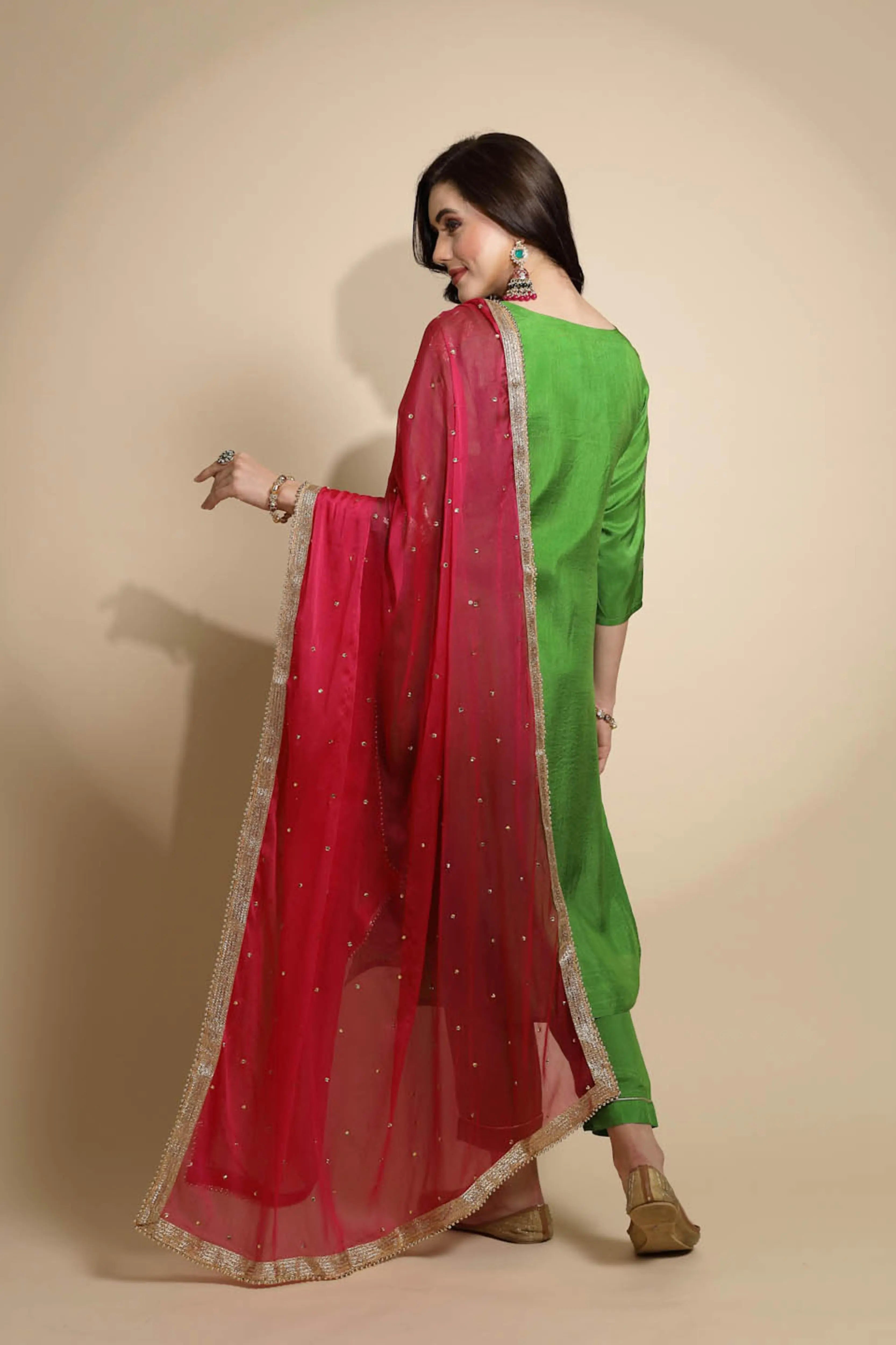 Green Foil Printed Silk Kurta Bottom Set With Dupatta - Global Republic