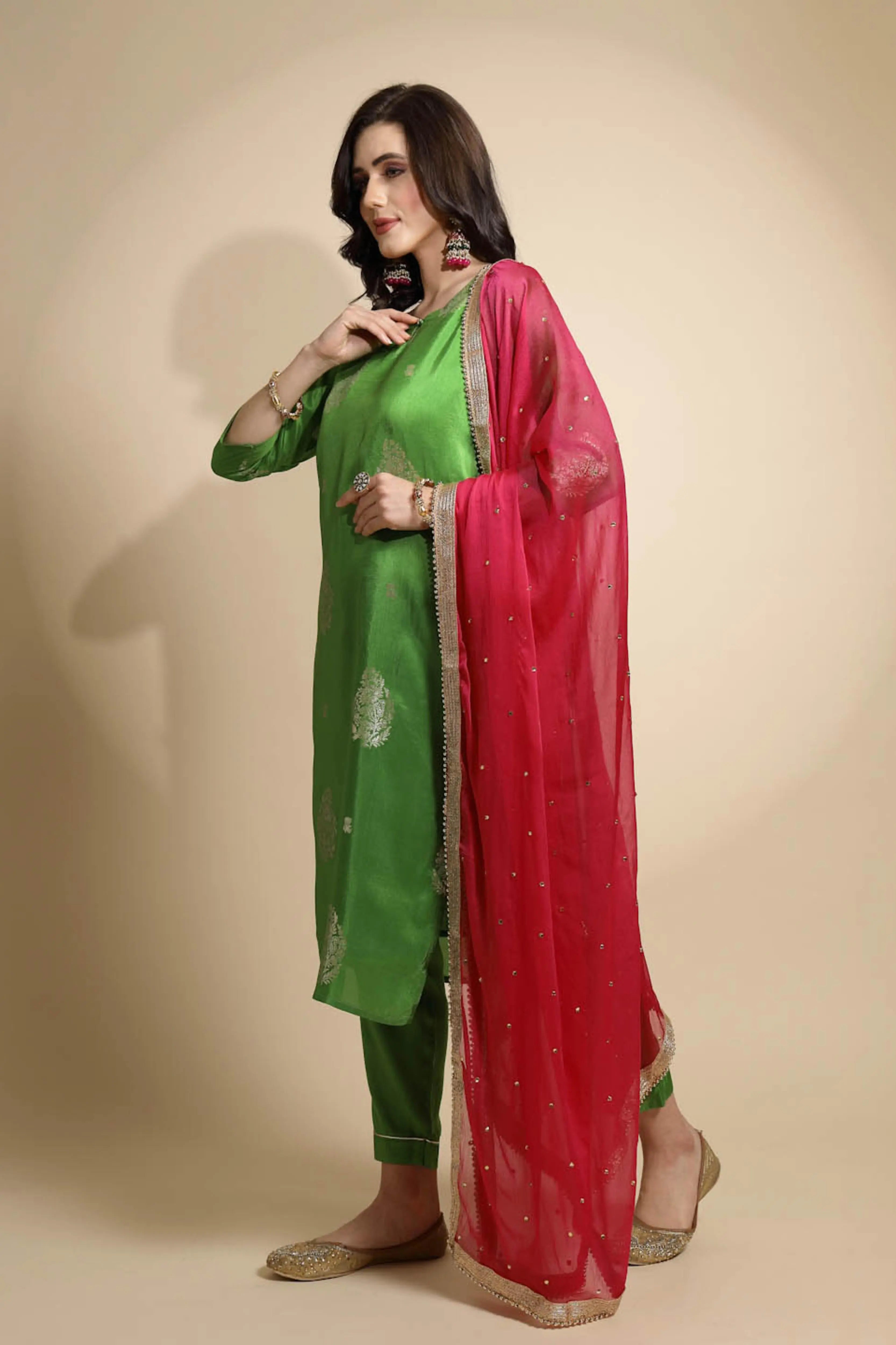 Green Foil Printed Silk Kurta Bottom Set With Dupatta - Global Republic