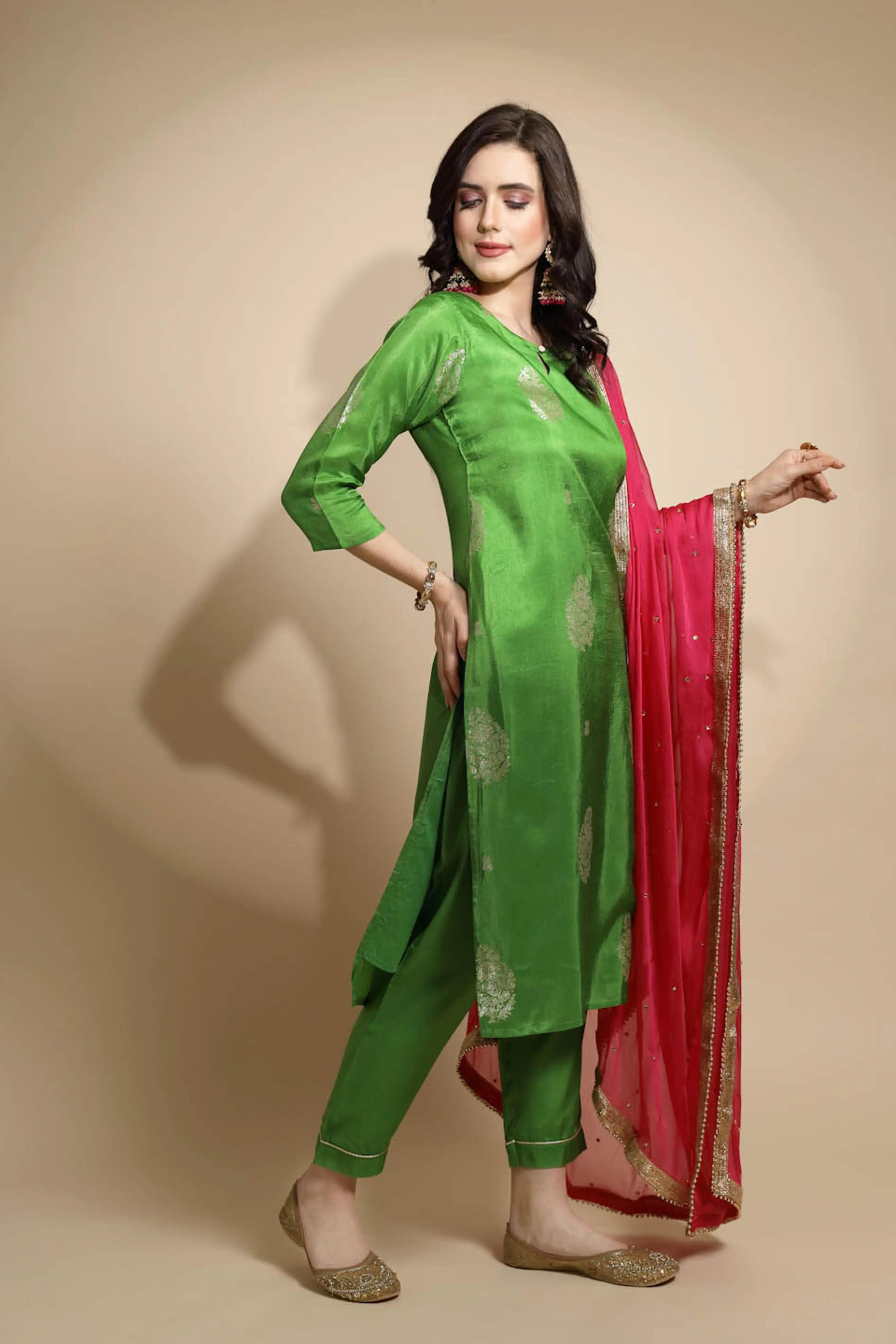 Green Foil Printed Silk Kurta Bottom Set With Dupatta - Global Republic