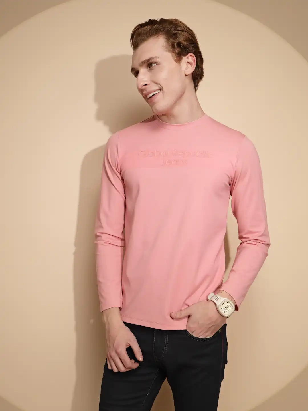 Men Light Pink Solid Full Sleeve Round Neck Polycotton T Shirt