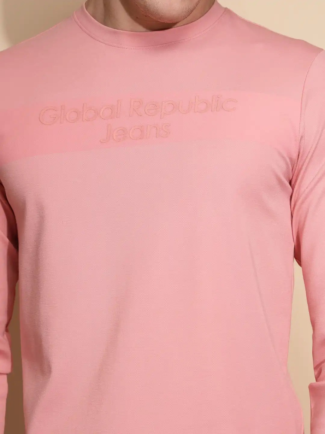 Men Light Pink Solid Full Sleeve Round Neck Polycotton T-Shirt