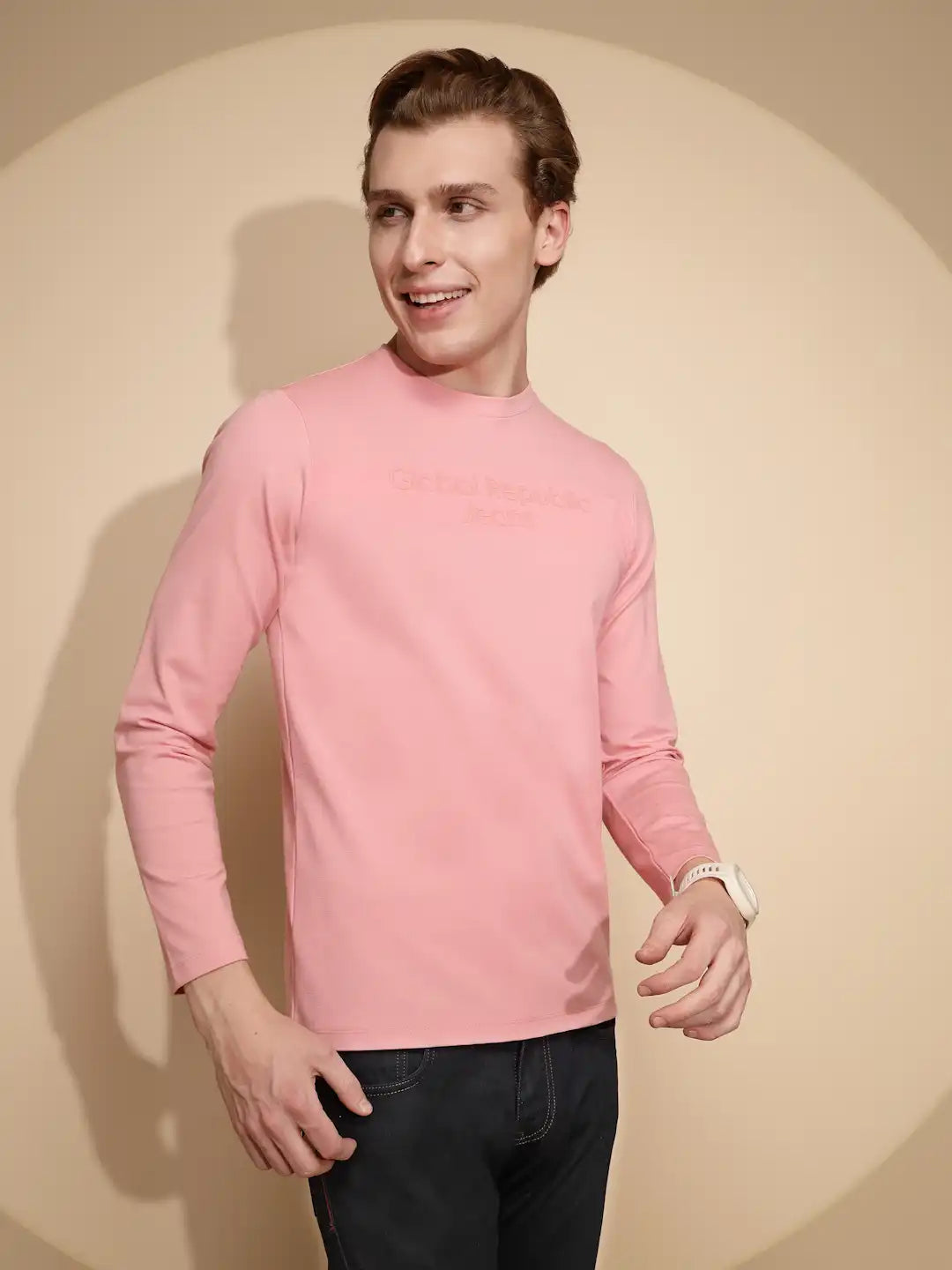 Men Light Pink Solid Full Sleeve Round Neck Polycotton T-Shirt