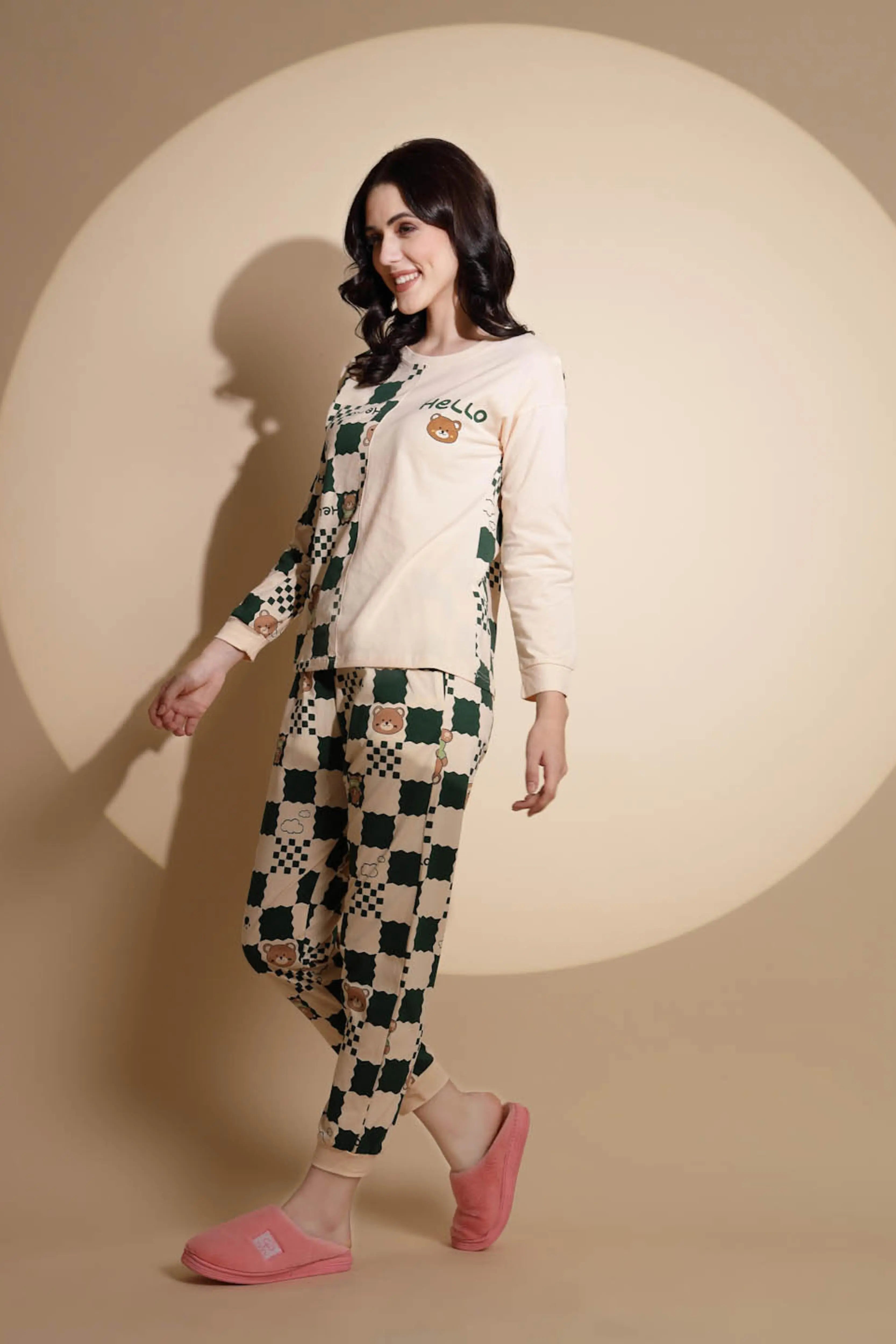 Peach and Green Hosiery Printed Top & Pyjama Night Suit Set - Global Republic