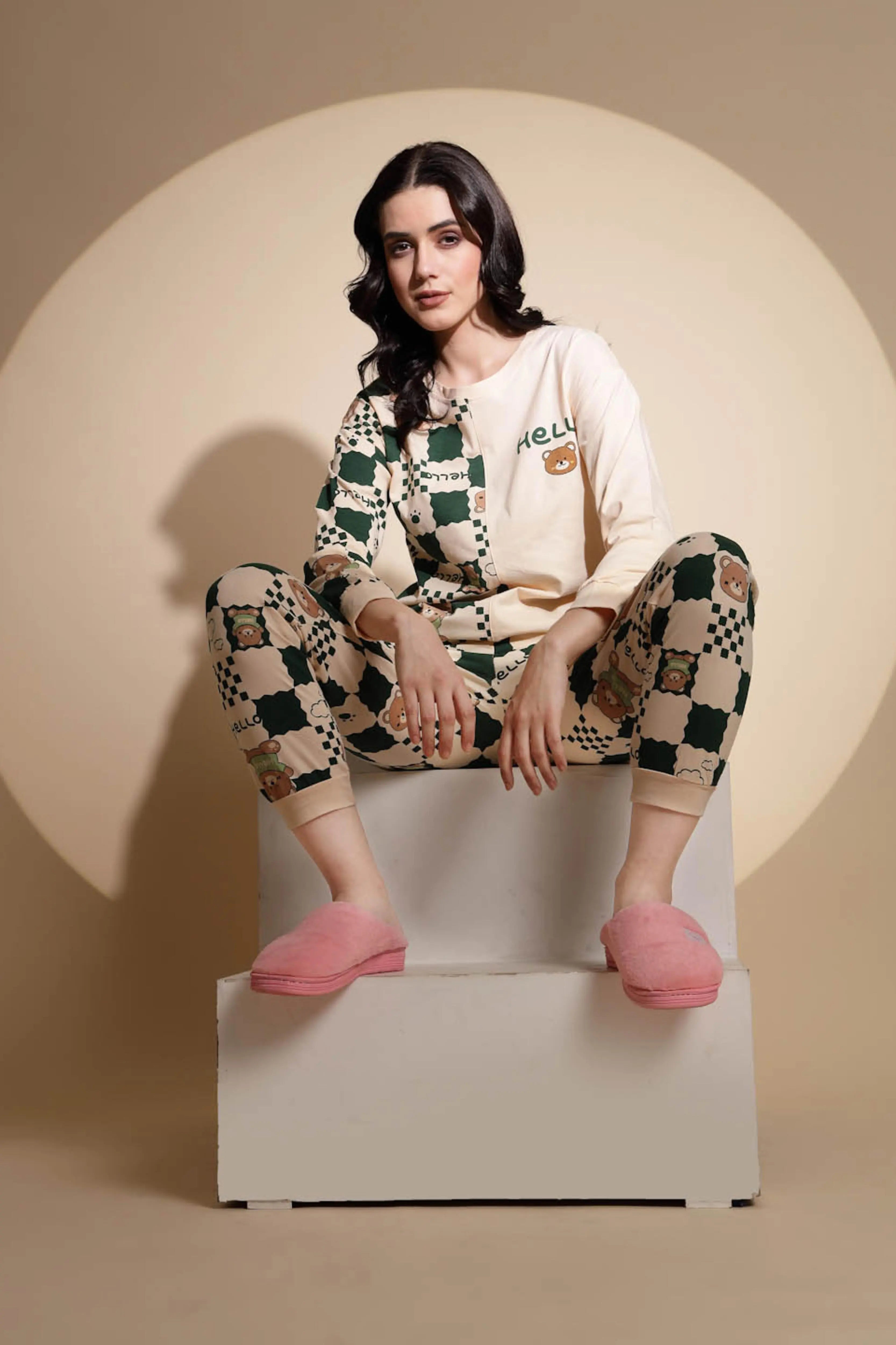 Peach and Green Hosiery Printed Top & Pyjama Night Suit Set - Global Republic