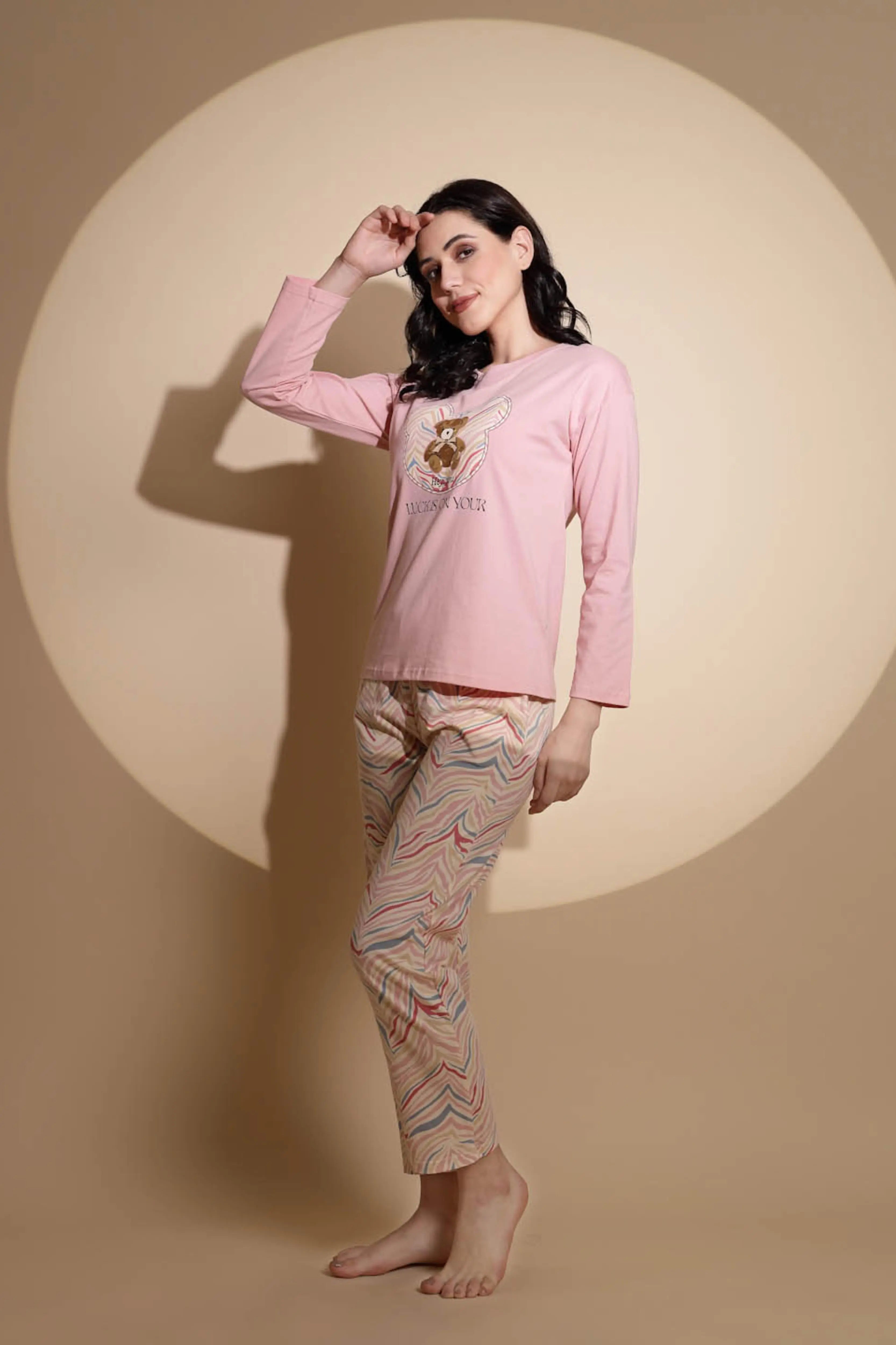 Pink Hosiery Round Neck Printed Top & Pyjama Night Suit Set - Global Republic