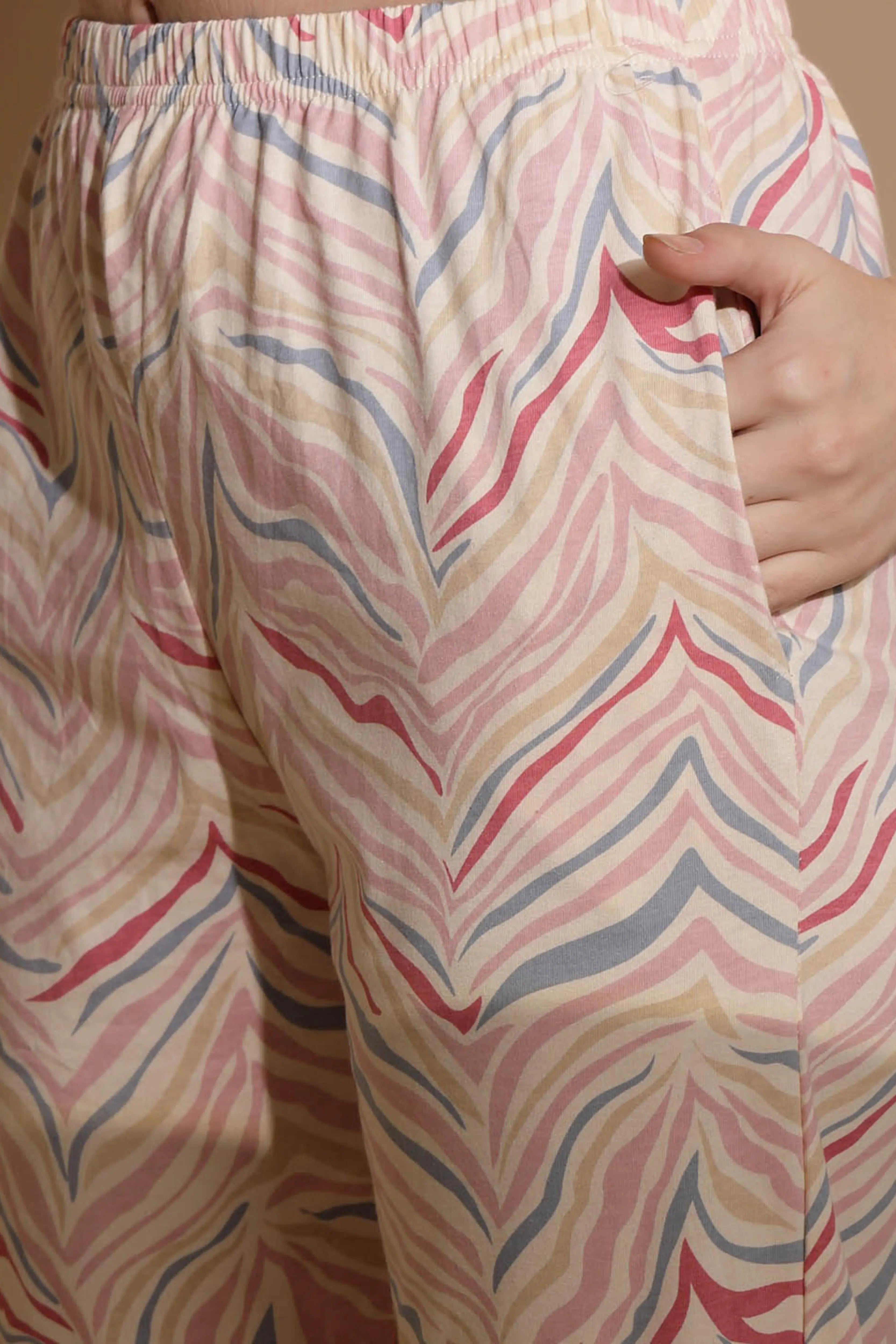 Pink Hosiery Round Neck Printed Top & Pyjama Night Suit Set - Global Republic