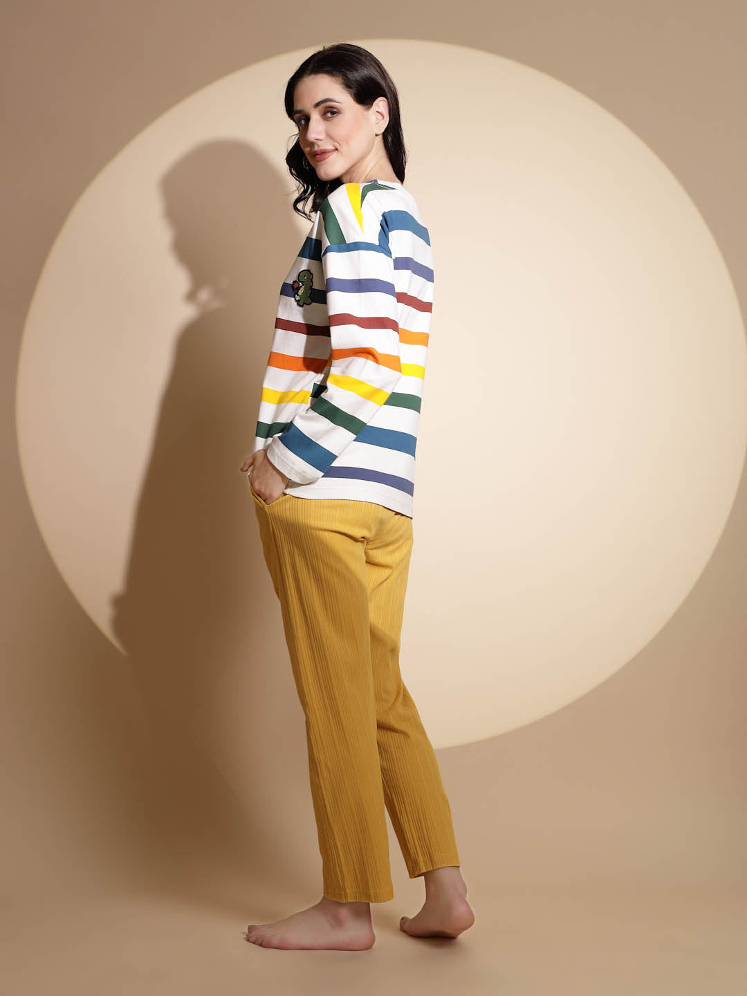 Multicolor Hosiery Full Sleeve Striped Top & Pyjama Night Suit Set - Global Republic
