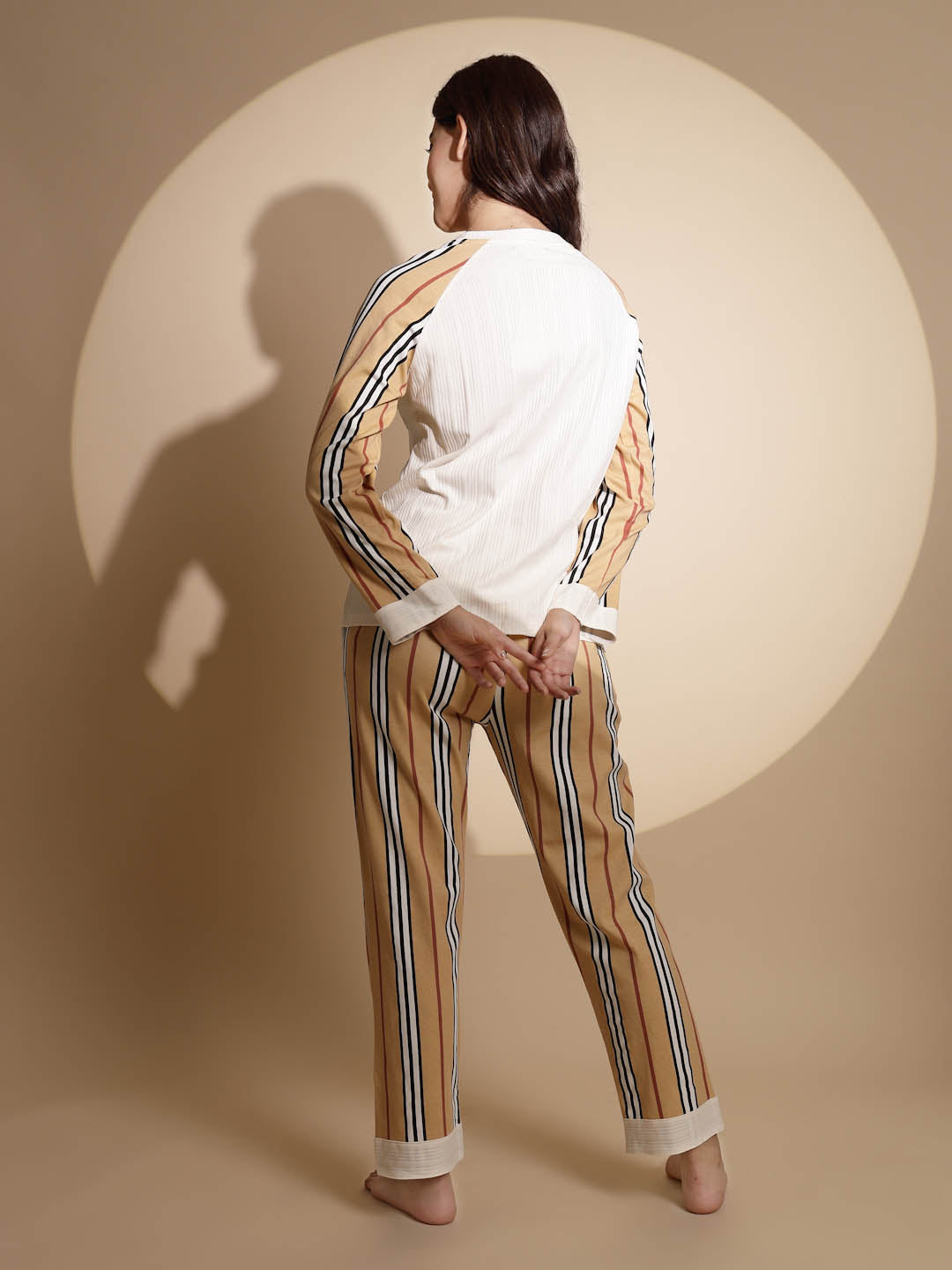 Multicolor Hosiery Striped Print Top & Pyjama Night Suit Set - Global Republic