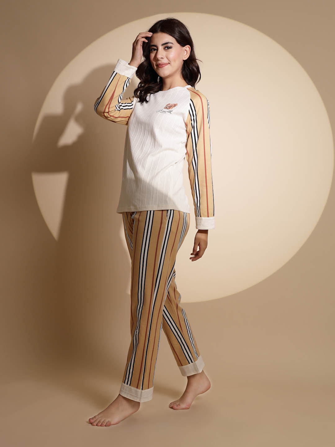 Multicolor Hosiery Striped Print Top & Pyjama Night Suit Set - Global Republic