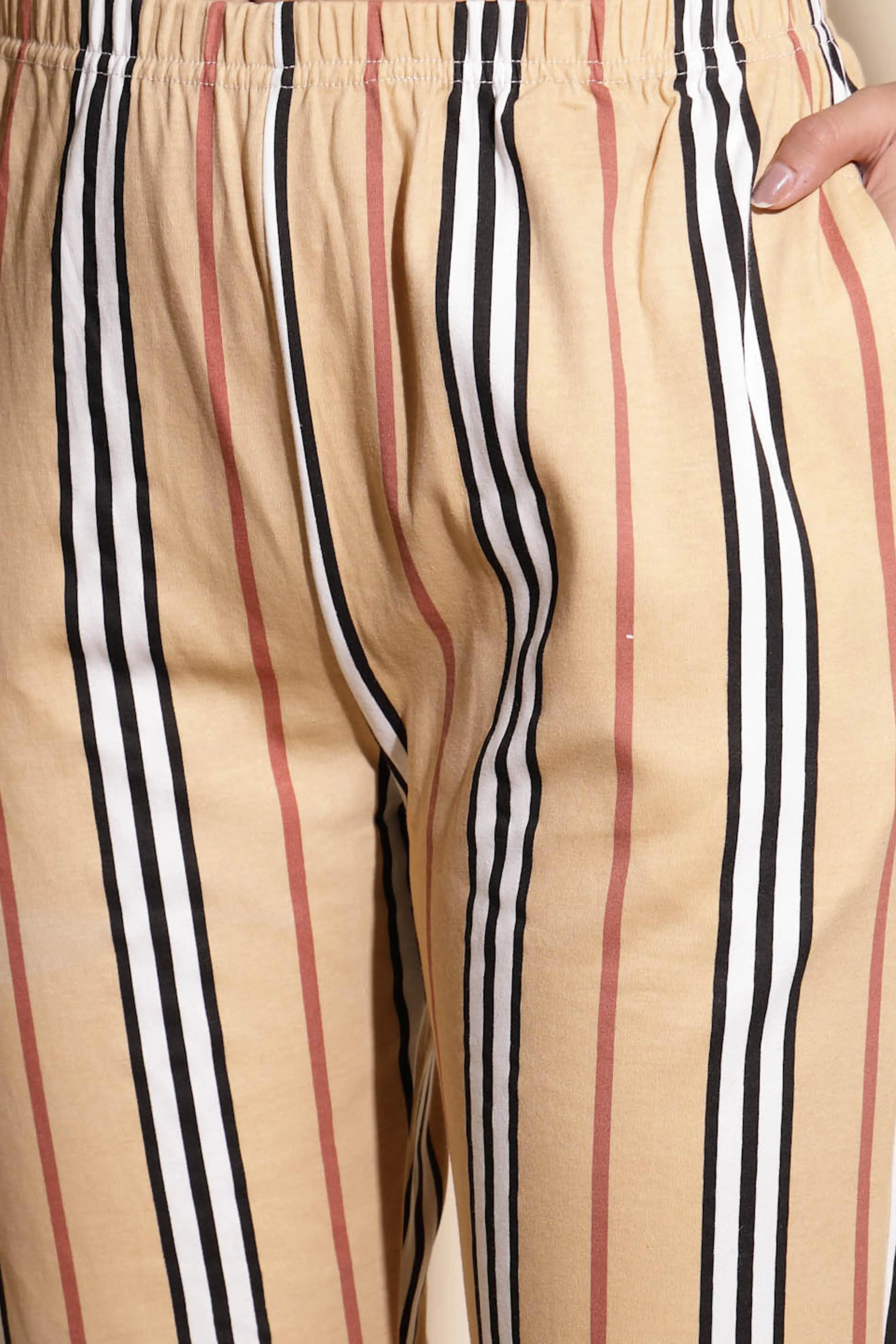 Multicolor Hosiery Striped Print Top & Pyjama Night Suit Set - Global Republic