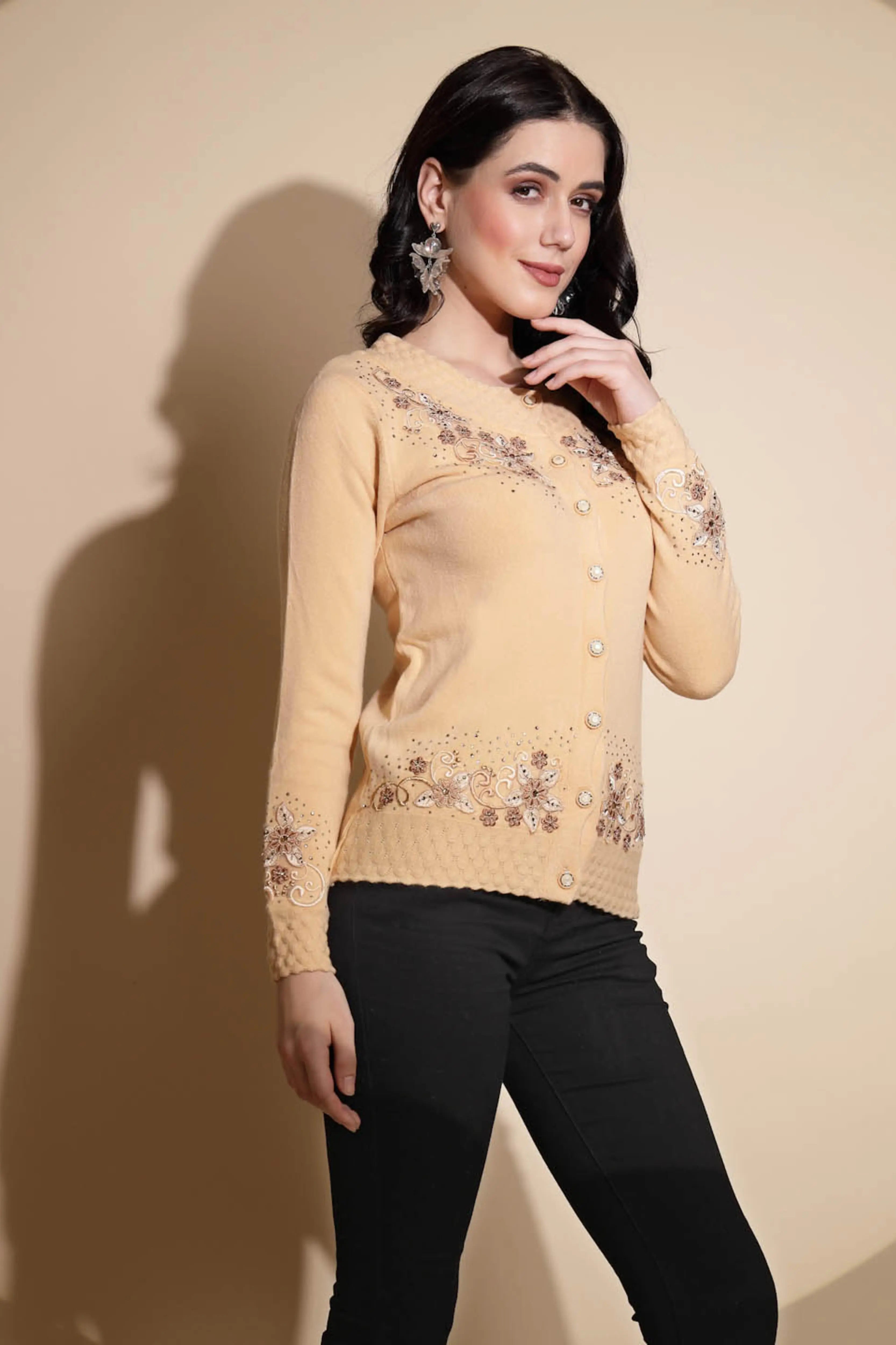 Beige Embroidery ester Cardigan - Global Republic