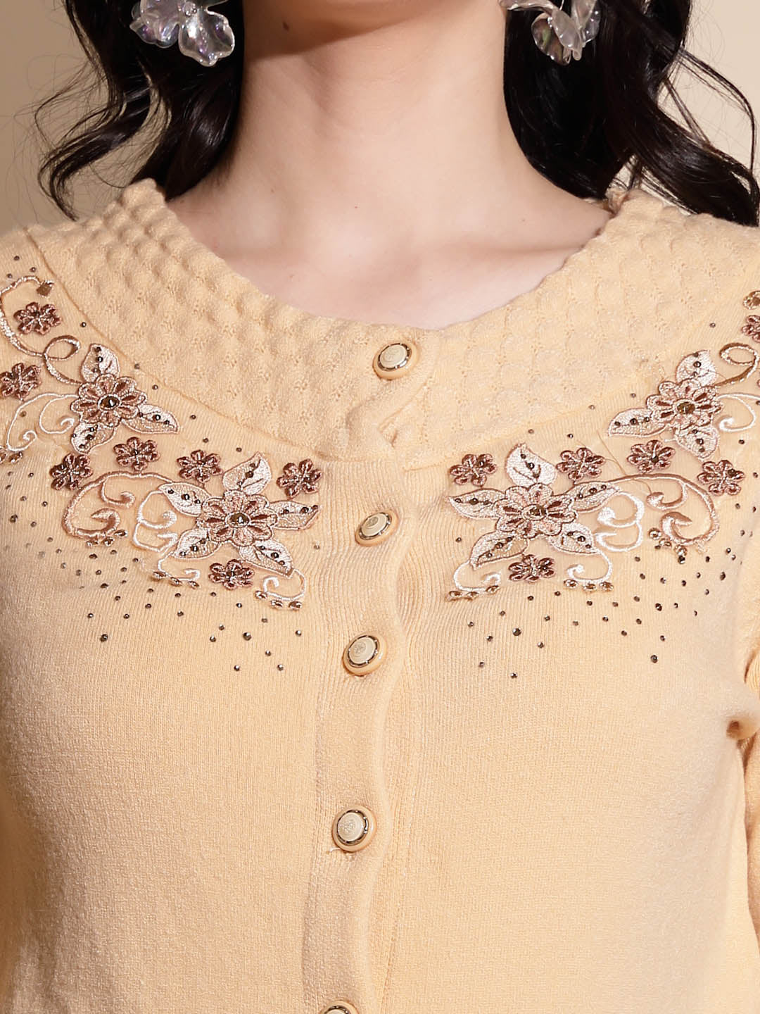 Beige Embroidery ester Cardigan - Global Republic