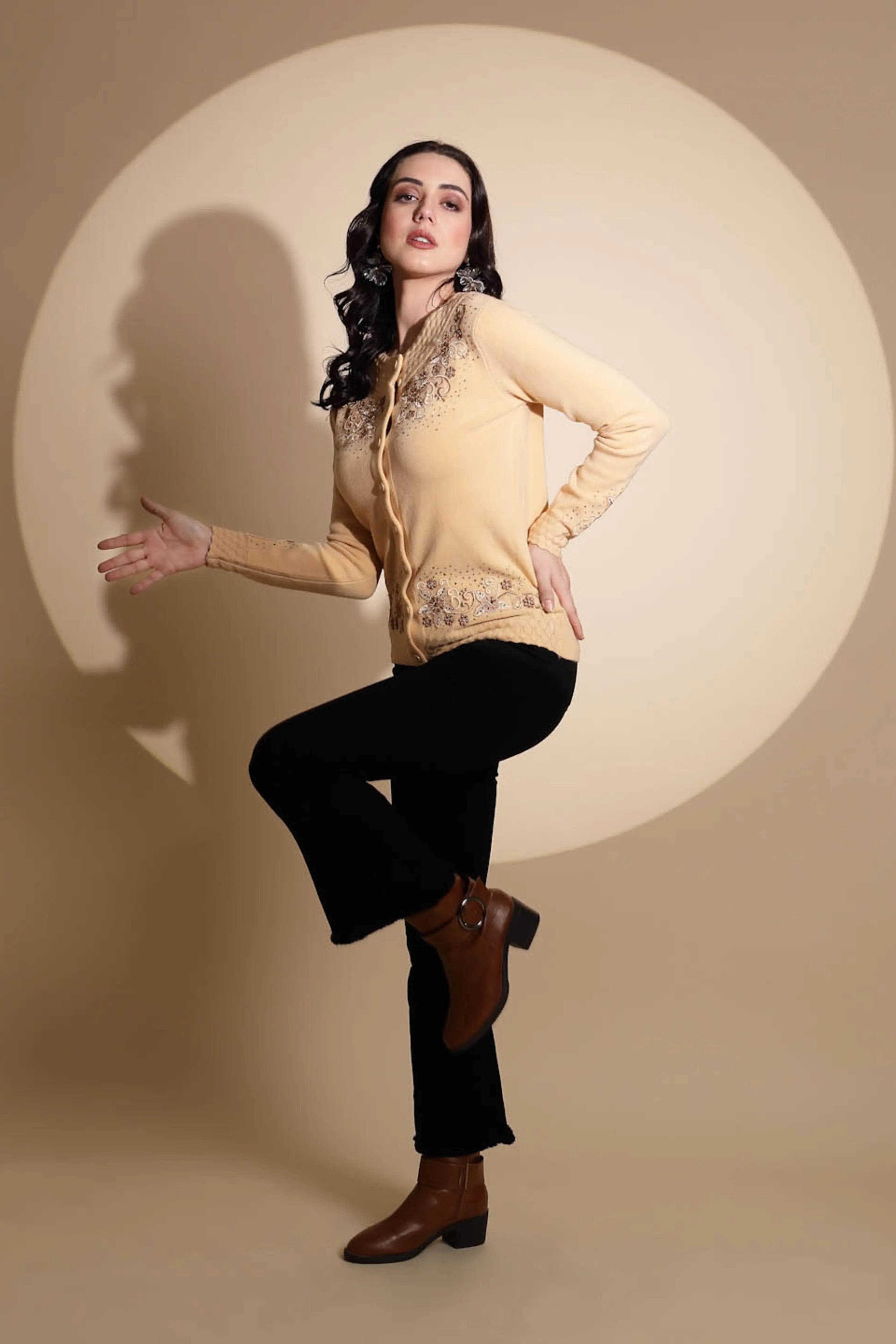 Beige Embroidery ester Cardigan - Global Republic