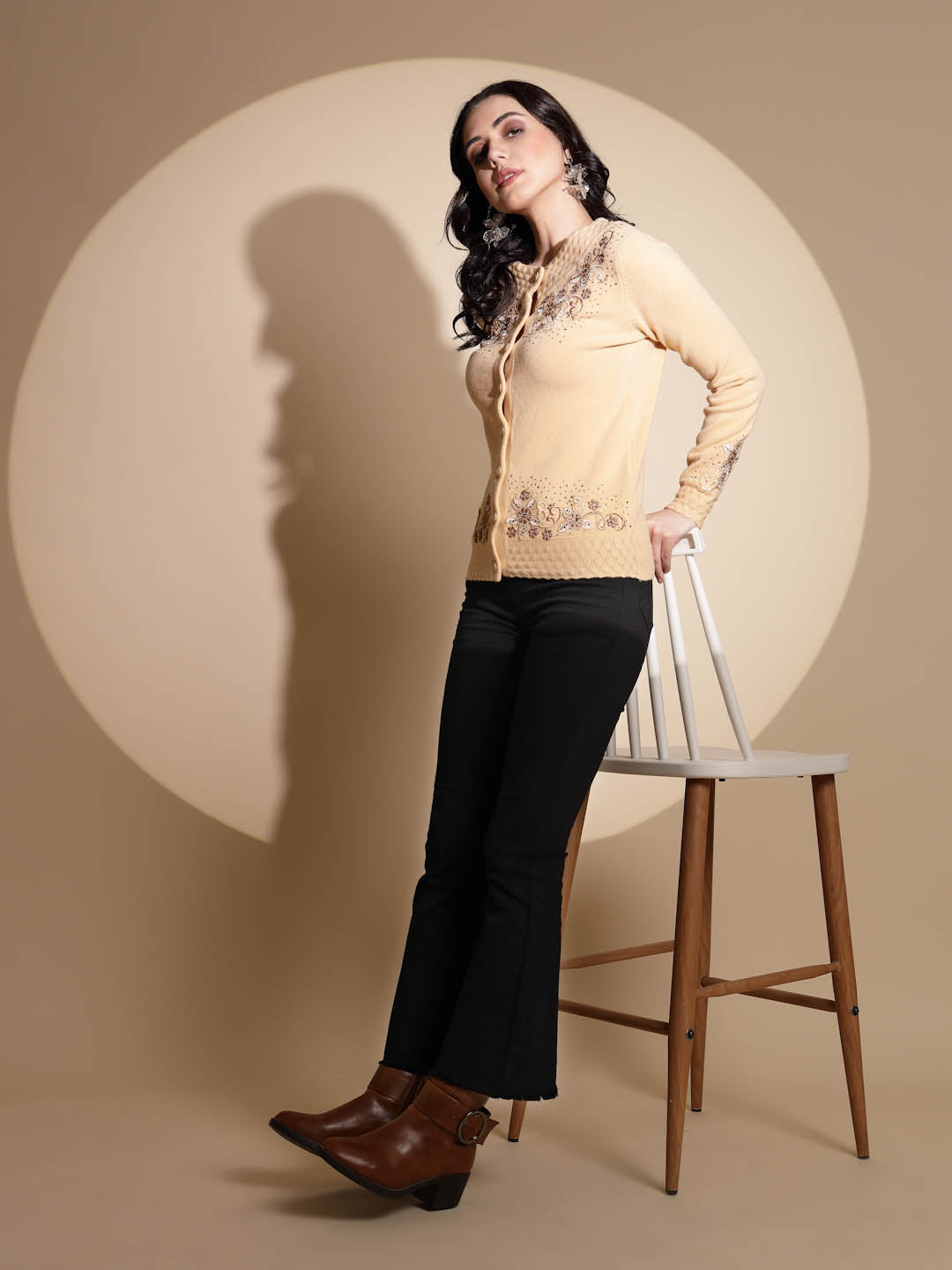 Beige Embroidery ester Cardigan - Global Republic