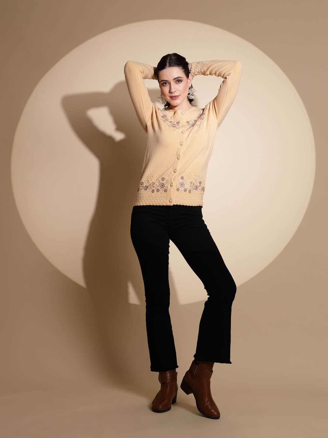 Beige Embroidery ester Cardigan - Global Republic