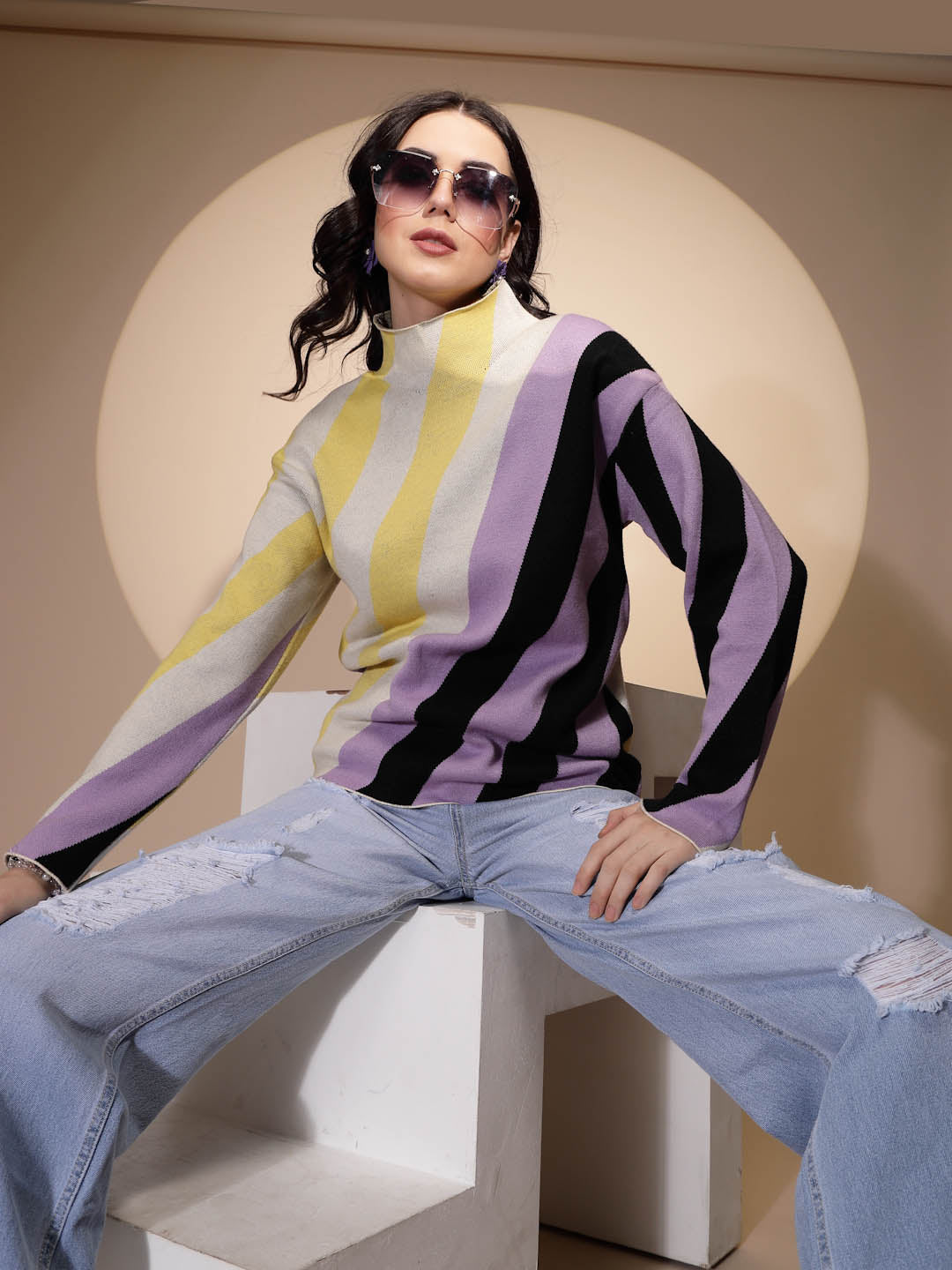 Multicolor Striped High Neck Pullover - Global Republic