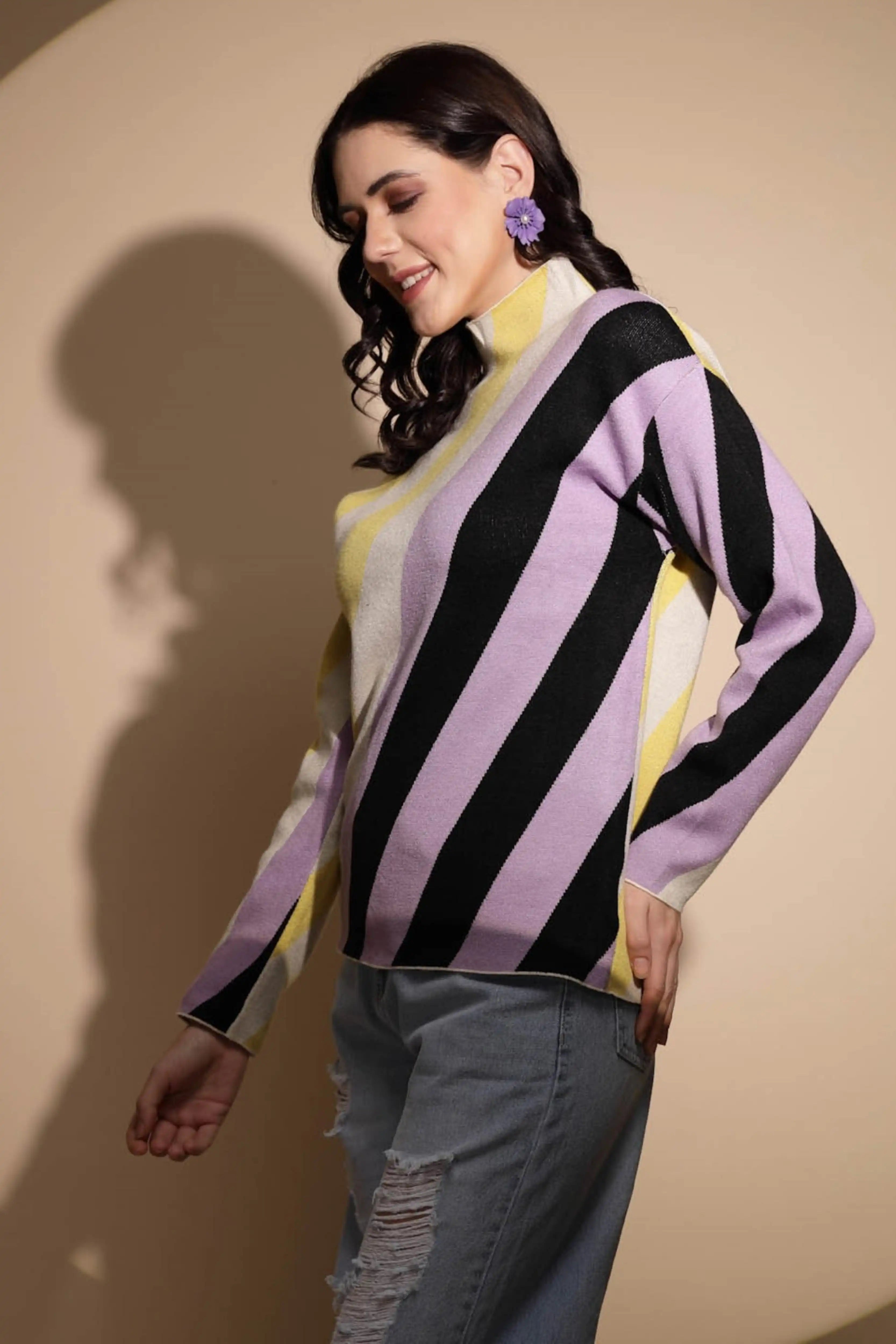 Multicolor Striped High Neck Pullover