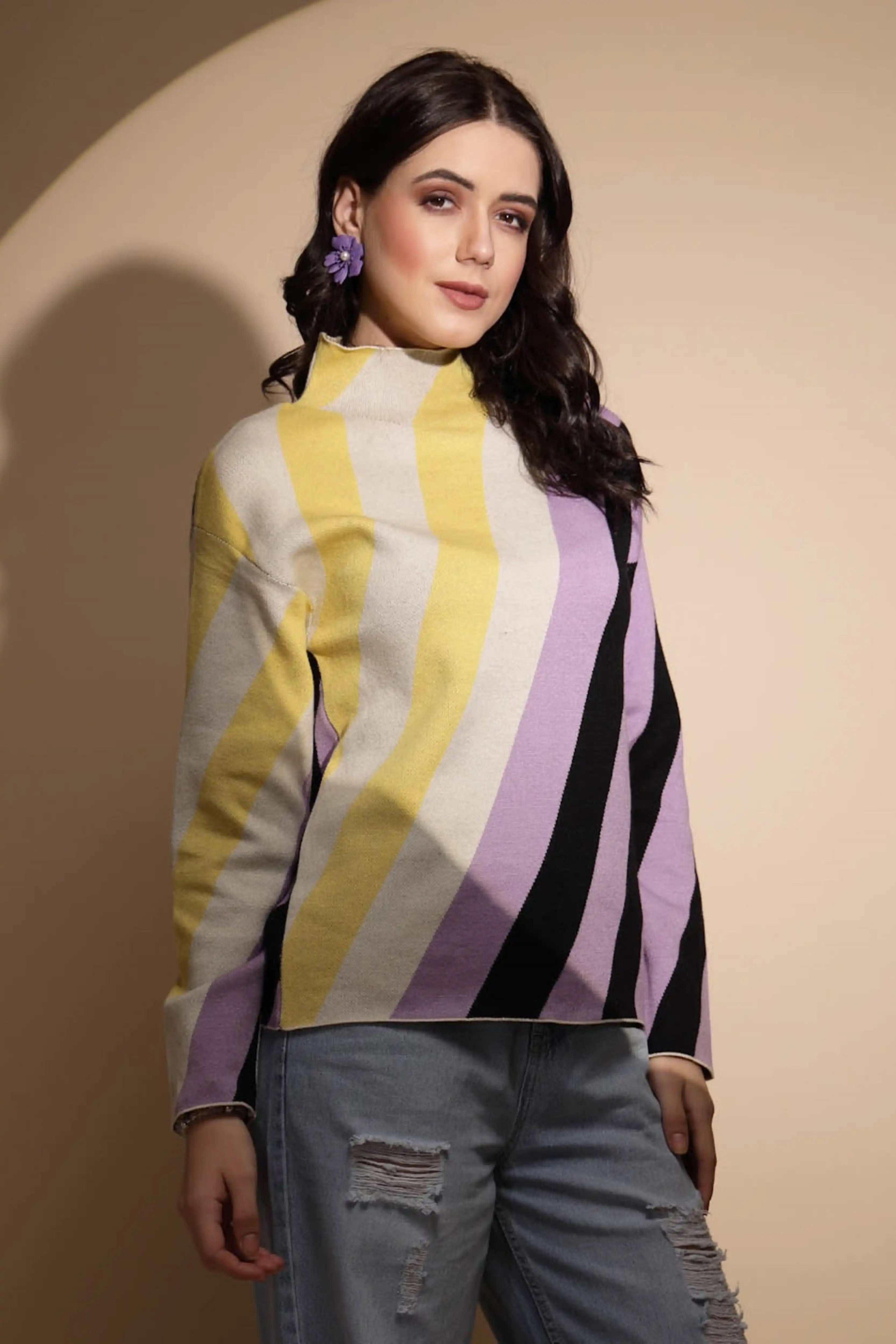 Multicolor Striped High Neck Pullover