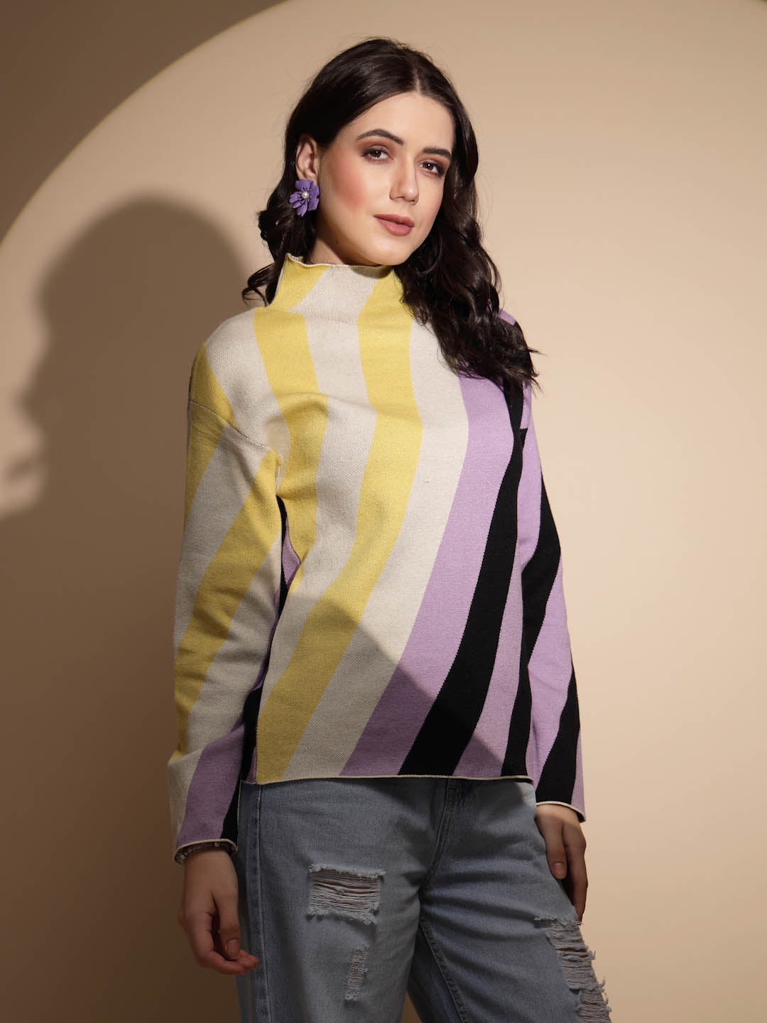 Multicolor Striped High Neck Pullover - Global Republic