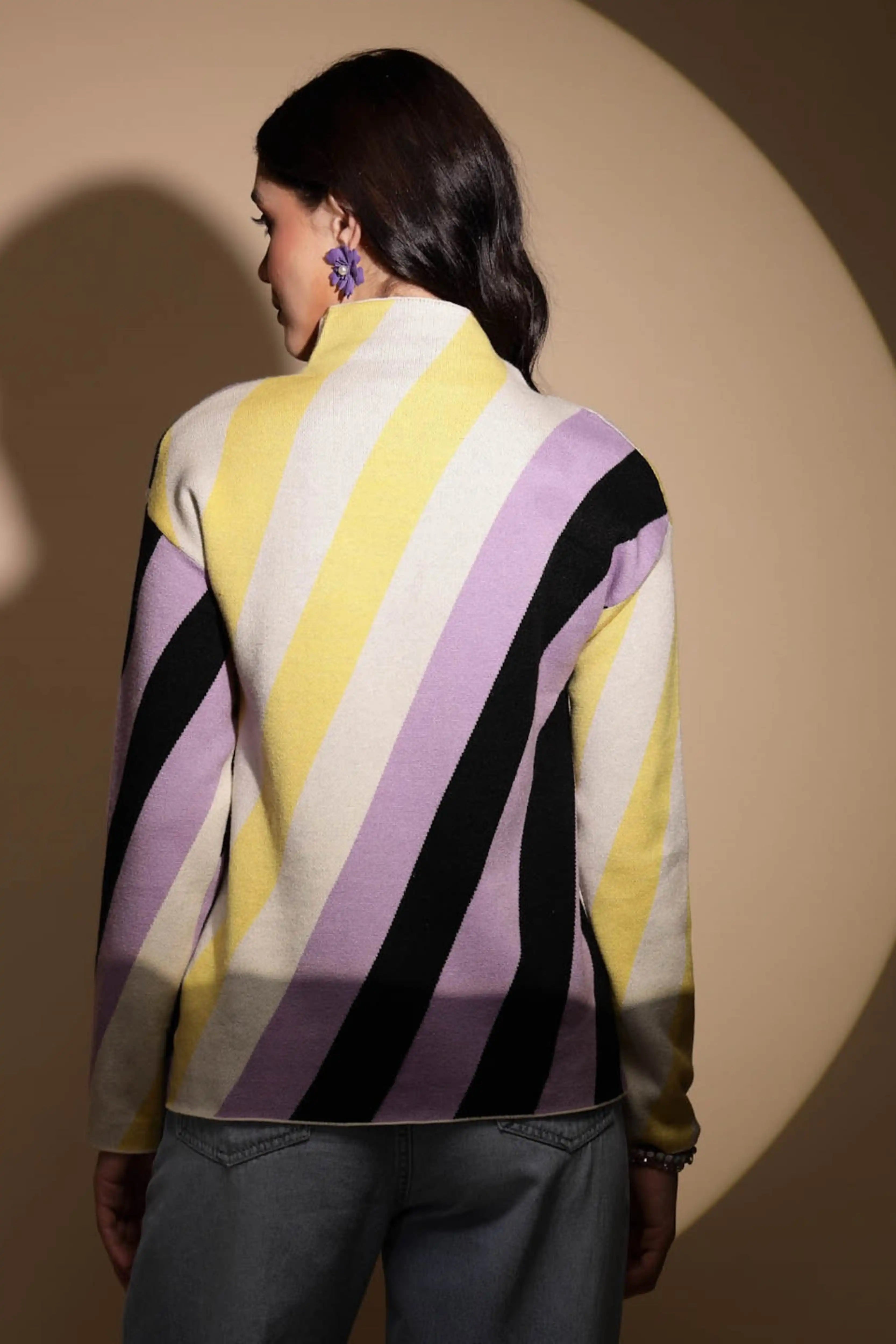 Multicolor Striped High Neck Pullover