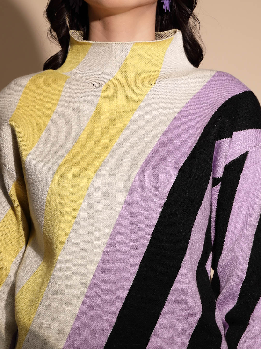 Multicolor Striped High Neck Pullover - Global Republic