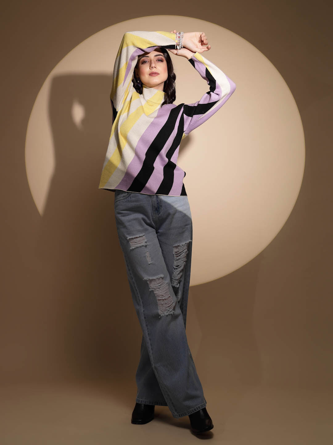 Multicolor Striped High Neck Pullover - Global Republic
