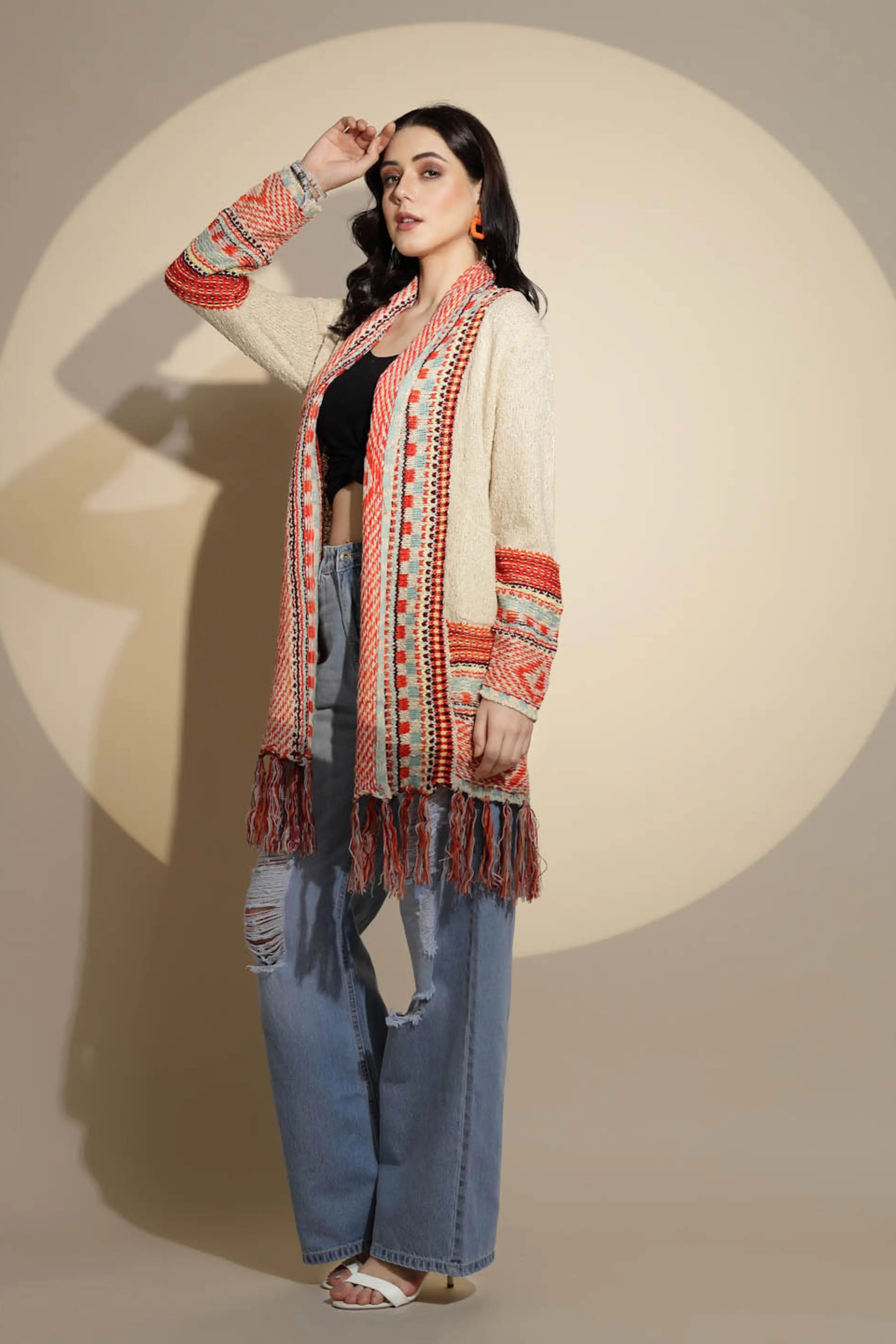 Beige Geometric Print Full Sleeve Collared Neck Knitted Shrug - Global Republic