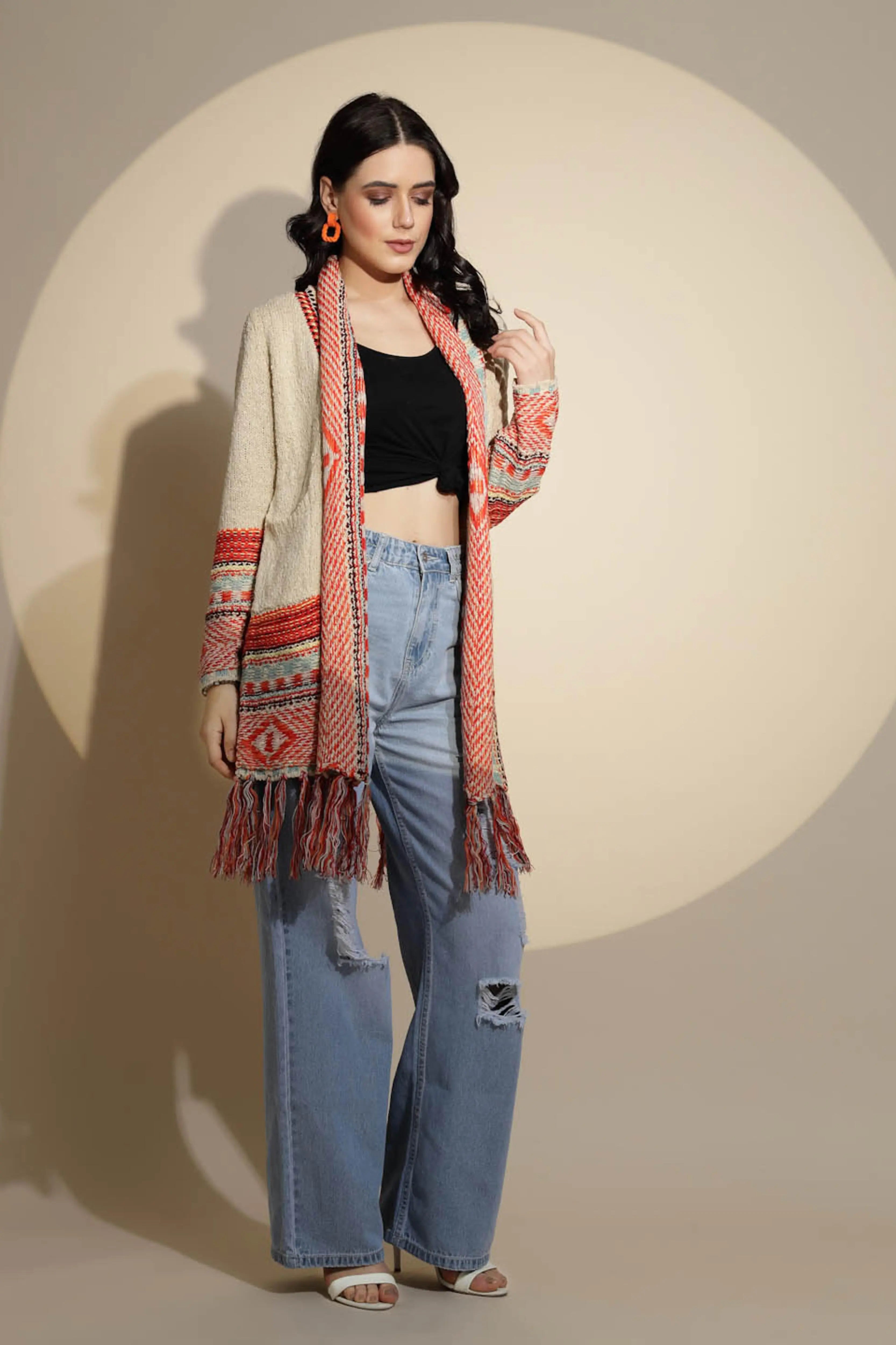 Beige Geometric Print Full Sleeve Collared Neck Knitted Shrug - Global Republic