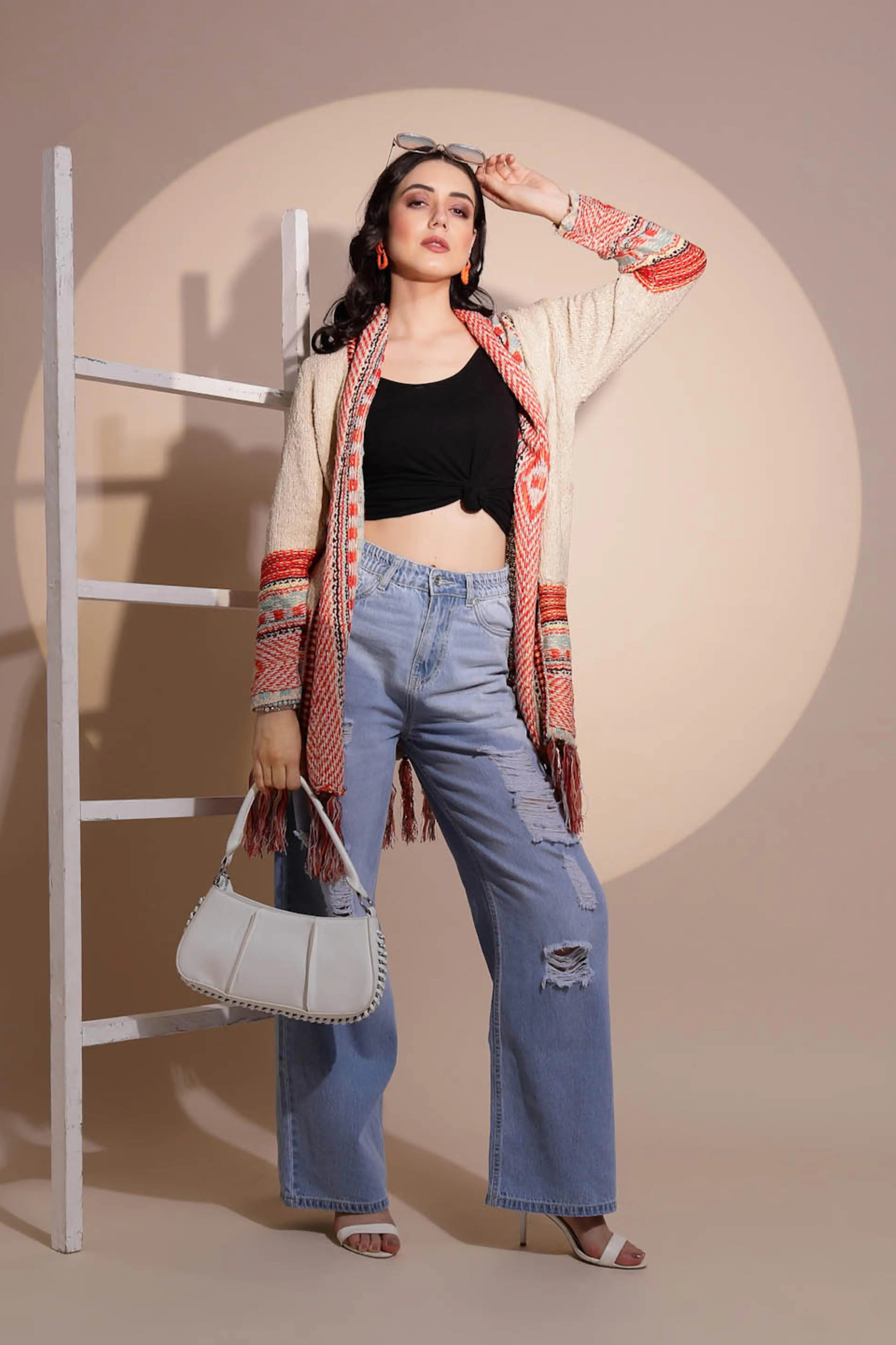 Beige Geometric Print Full Sleeve Collared Neck Knitted Shrug - Global Republic