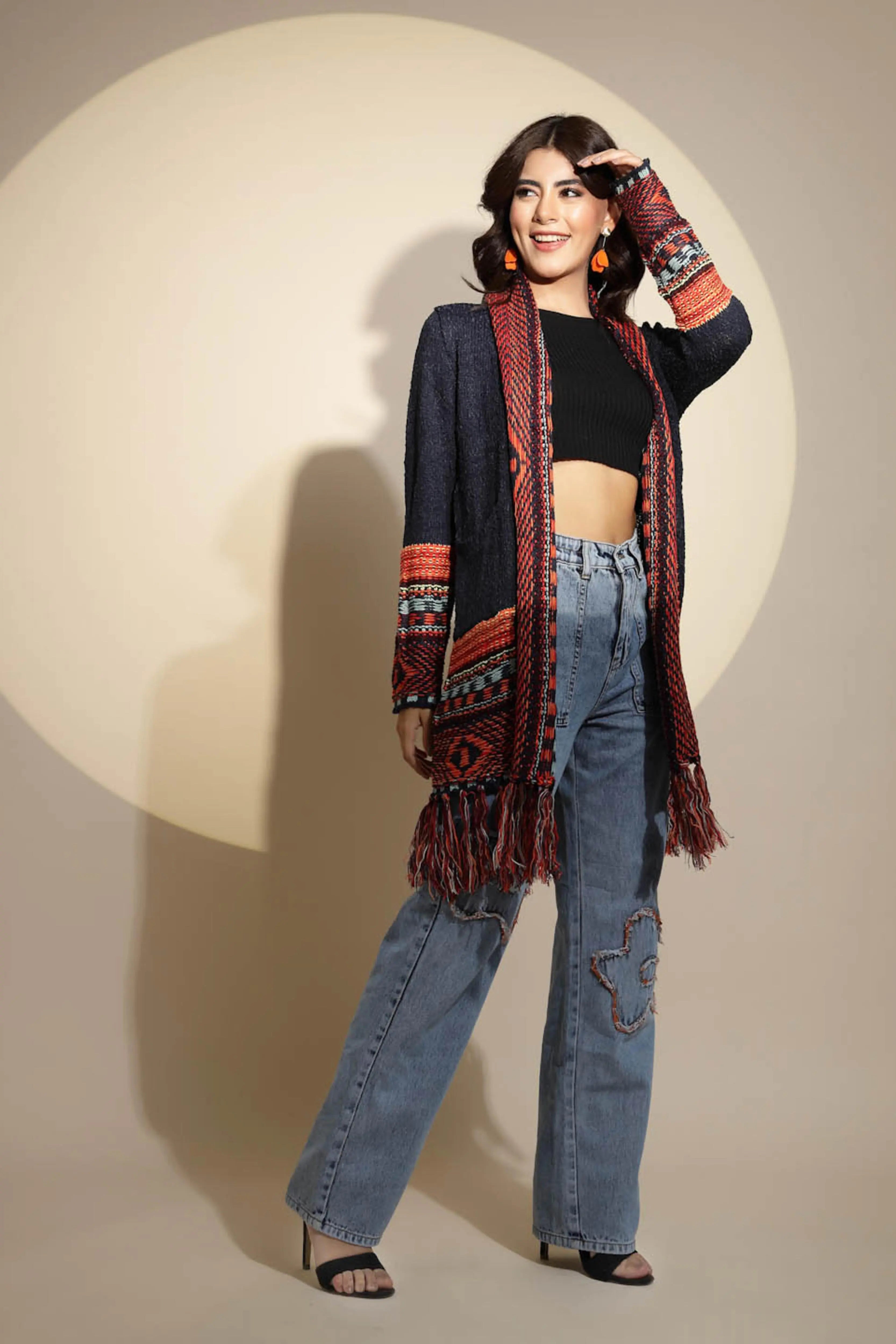 Blue Geometric Print Full Sleeve Collared Neck Knitted Shrug - Global Republic