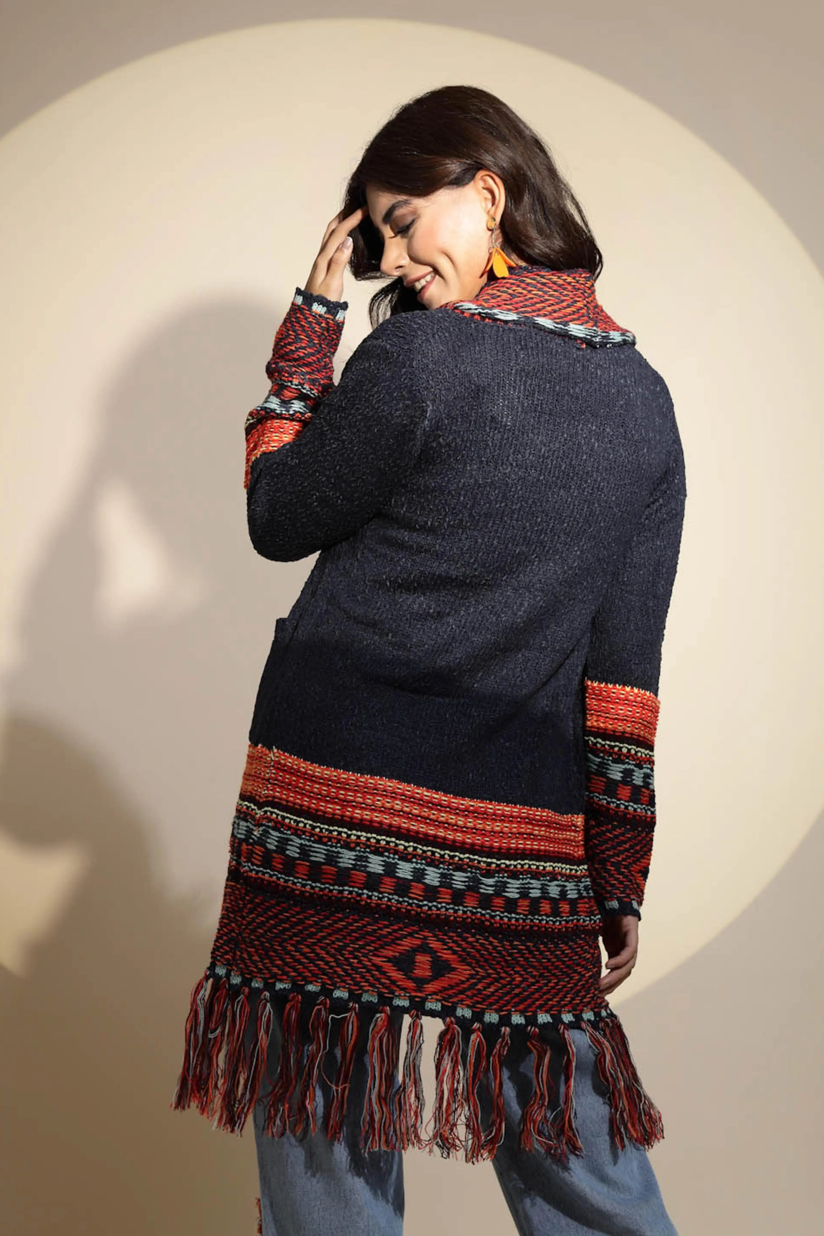 Blue Geometric Print Full Sleeve Collared Neck Knitted Shrug - Global Republic