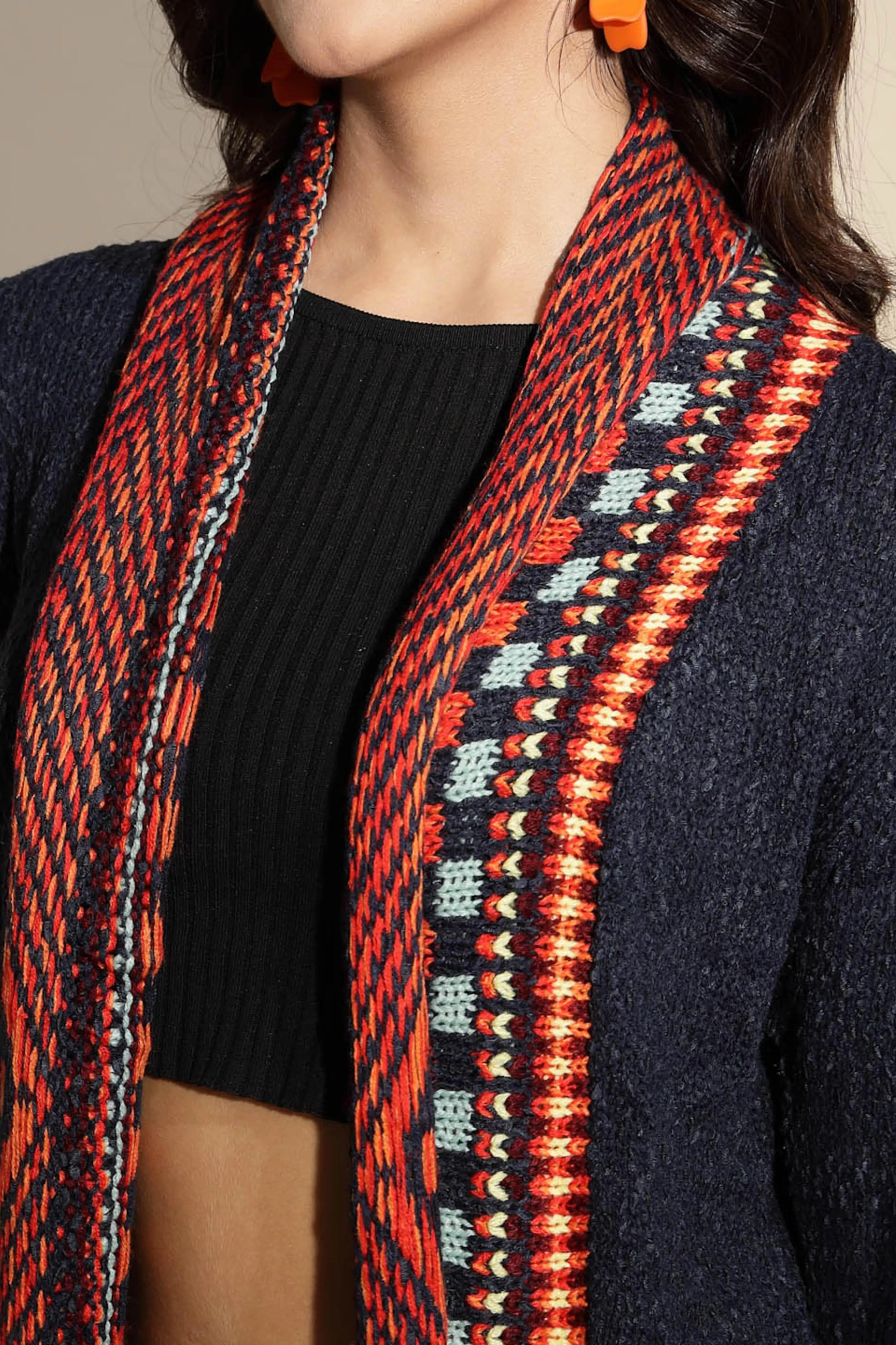 Blue Geometric Print Full Sleeve Collared Neck Knitted Shrug - Global Republic