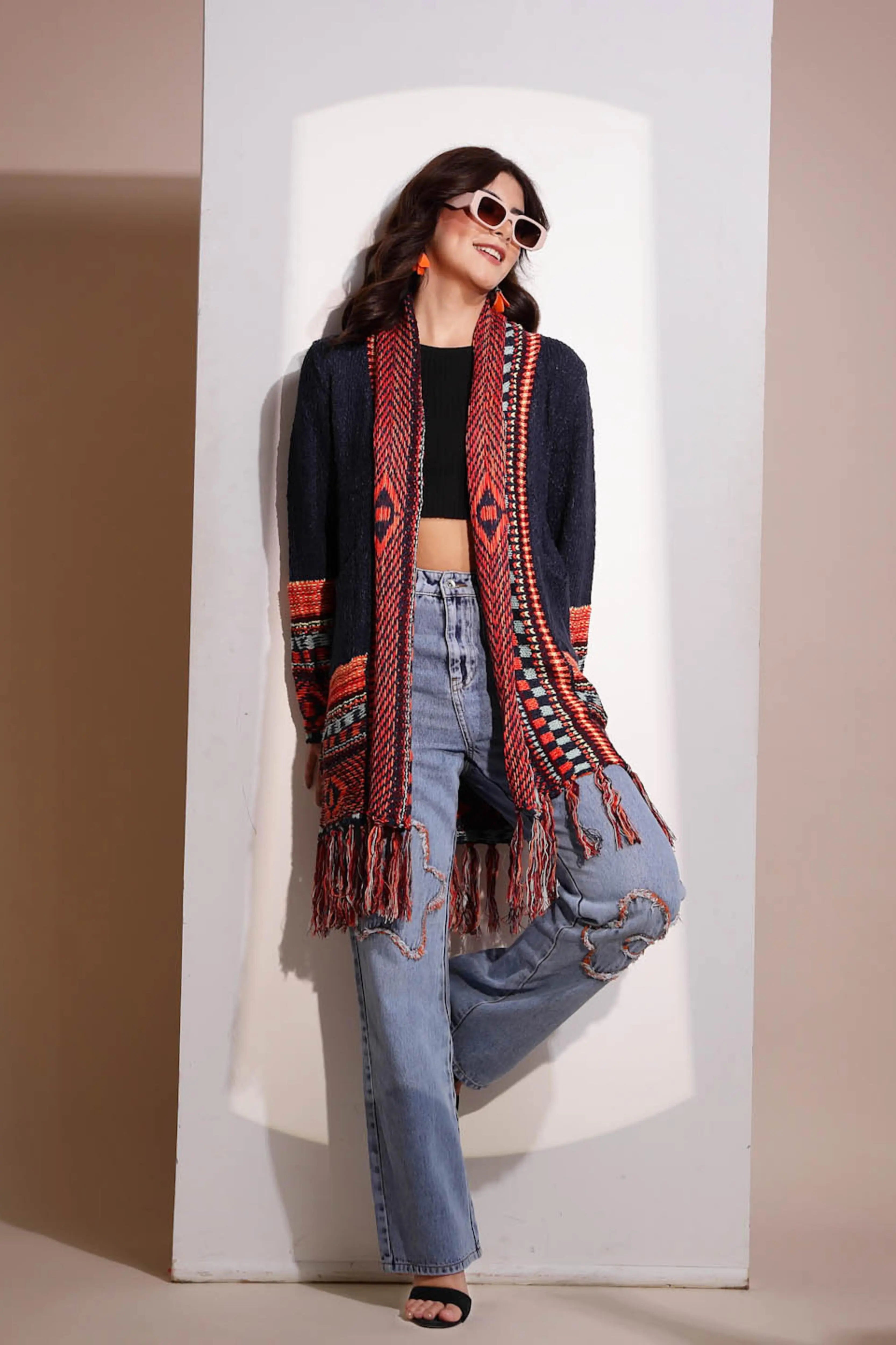 Blue Geometric Print Full Sleeve Collared Neck Knitted Shrug - Global Republic