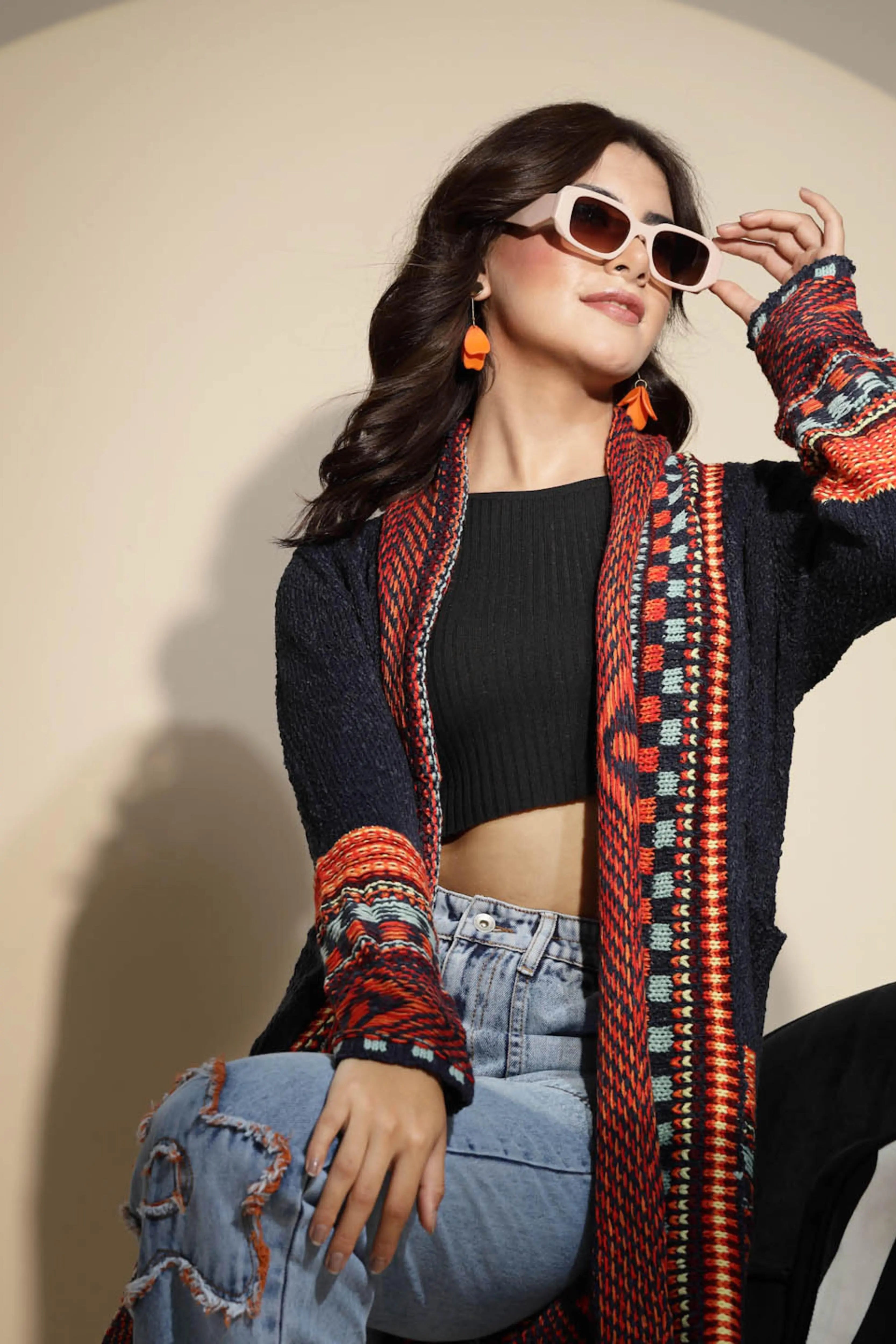Blue Geometric Print Full Sleeve Collared Neck Knitted Shrug - Global Republic