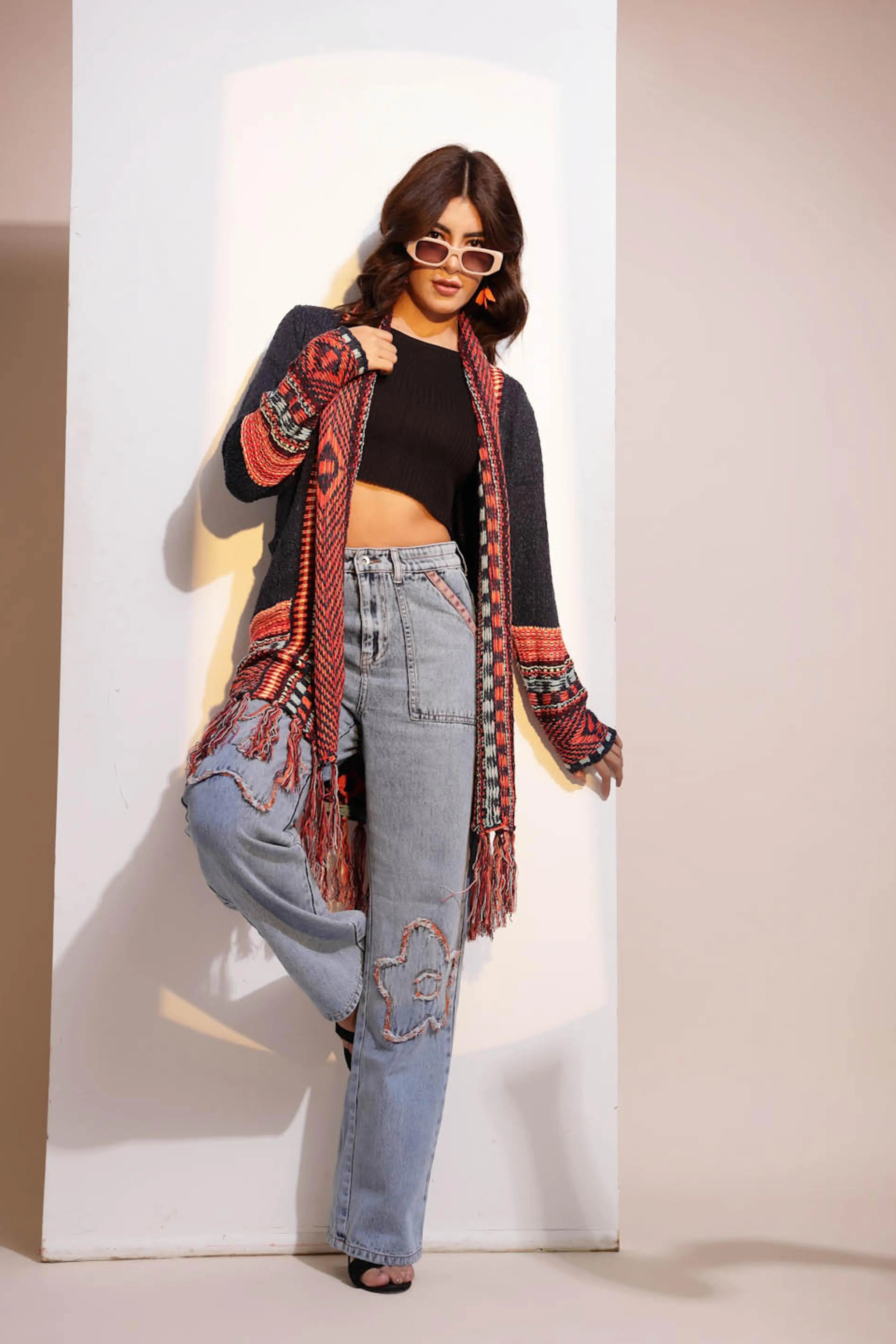 Blue Geometric Print Full Sleeve Collared Neck Knitted Shrug - Global Republic