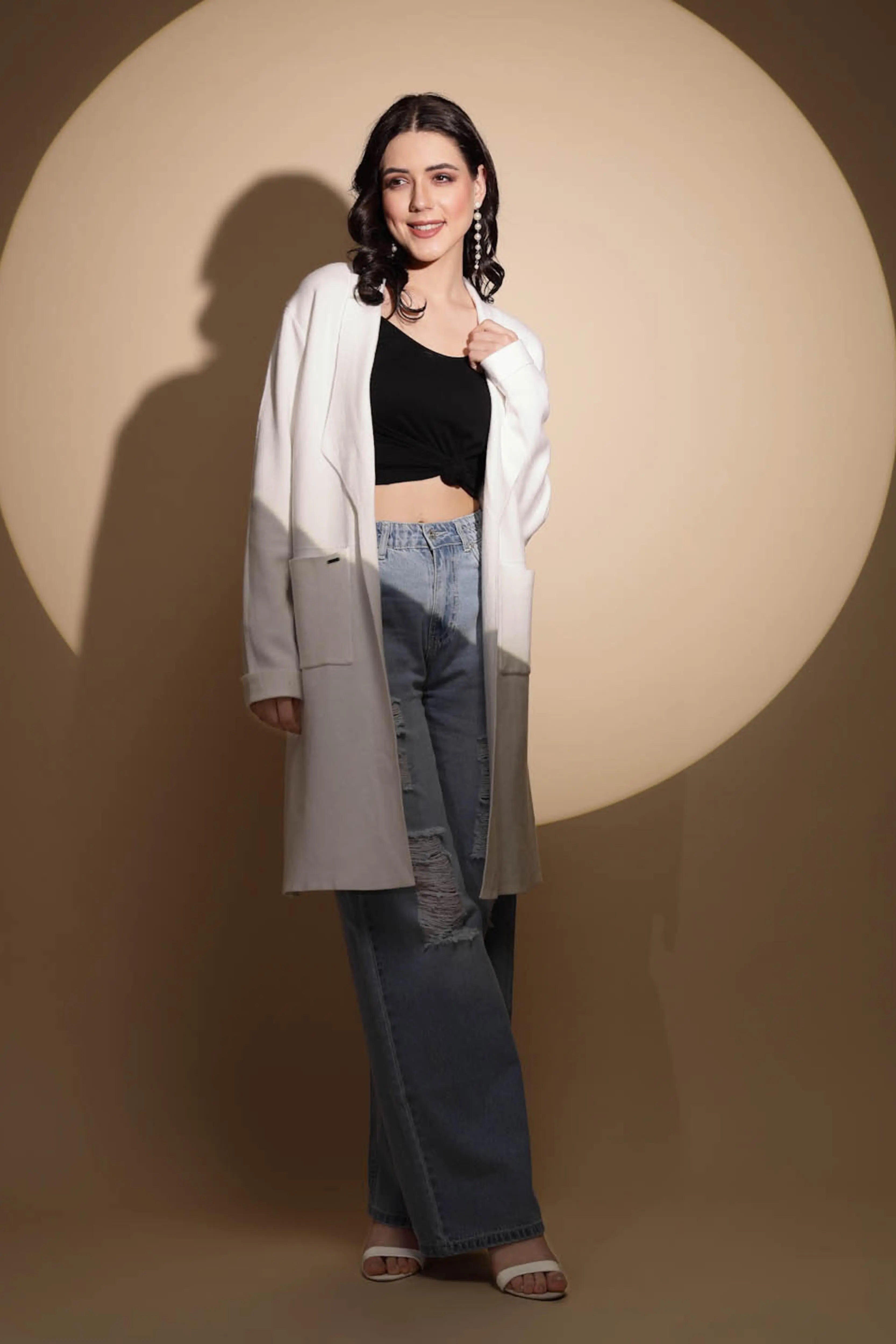 Beige Solid Knitted Shrug - Global Republic