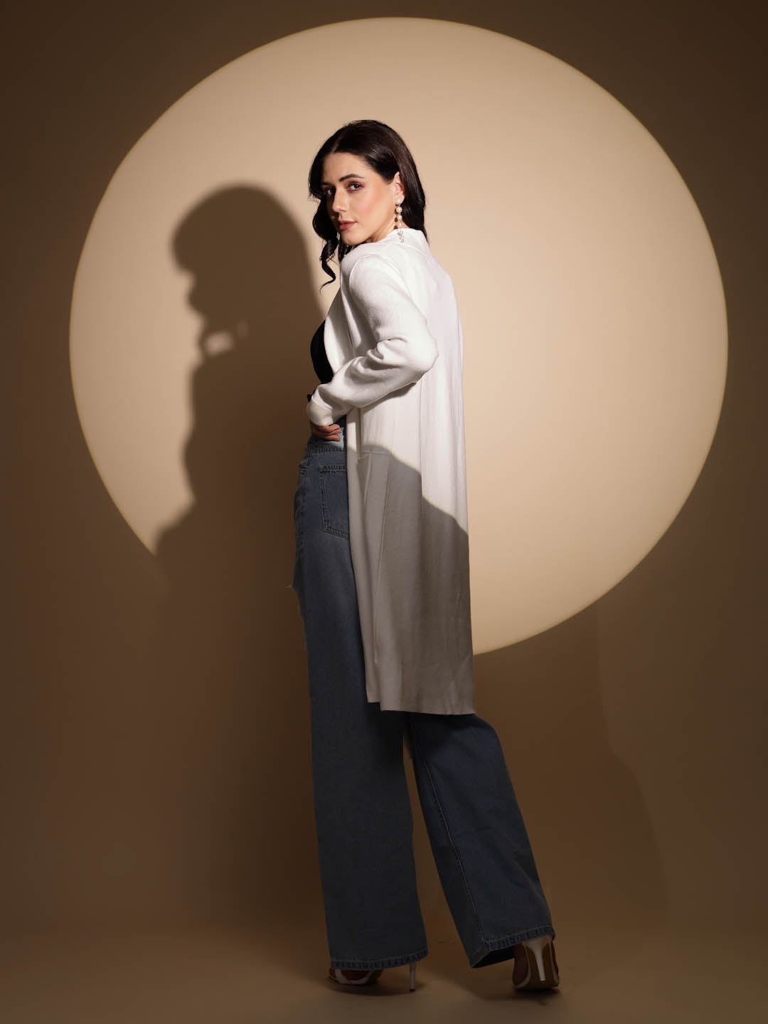 Beige Solid Knitted Shrug - Global Republic