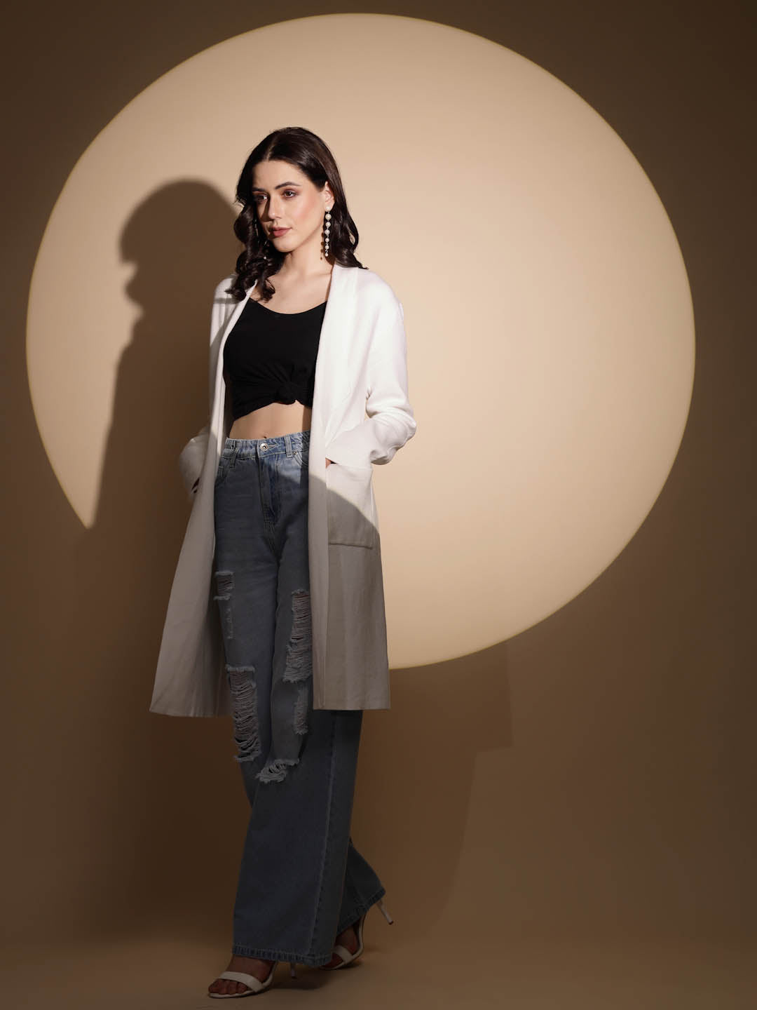 Beige Solid Knitted Shrug - Global Republic