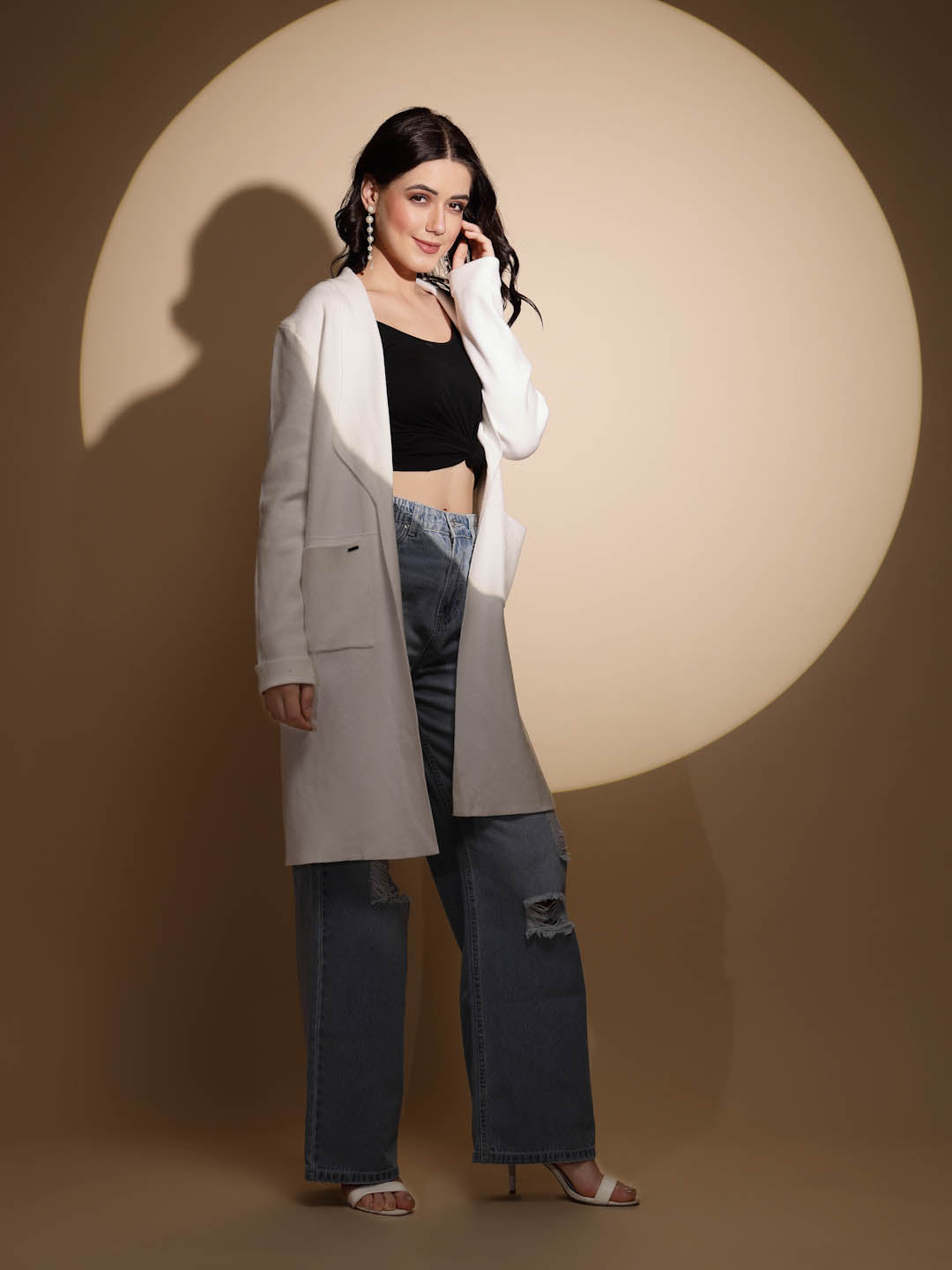 Beige Solid Knitted Shrug - Global Republic