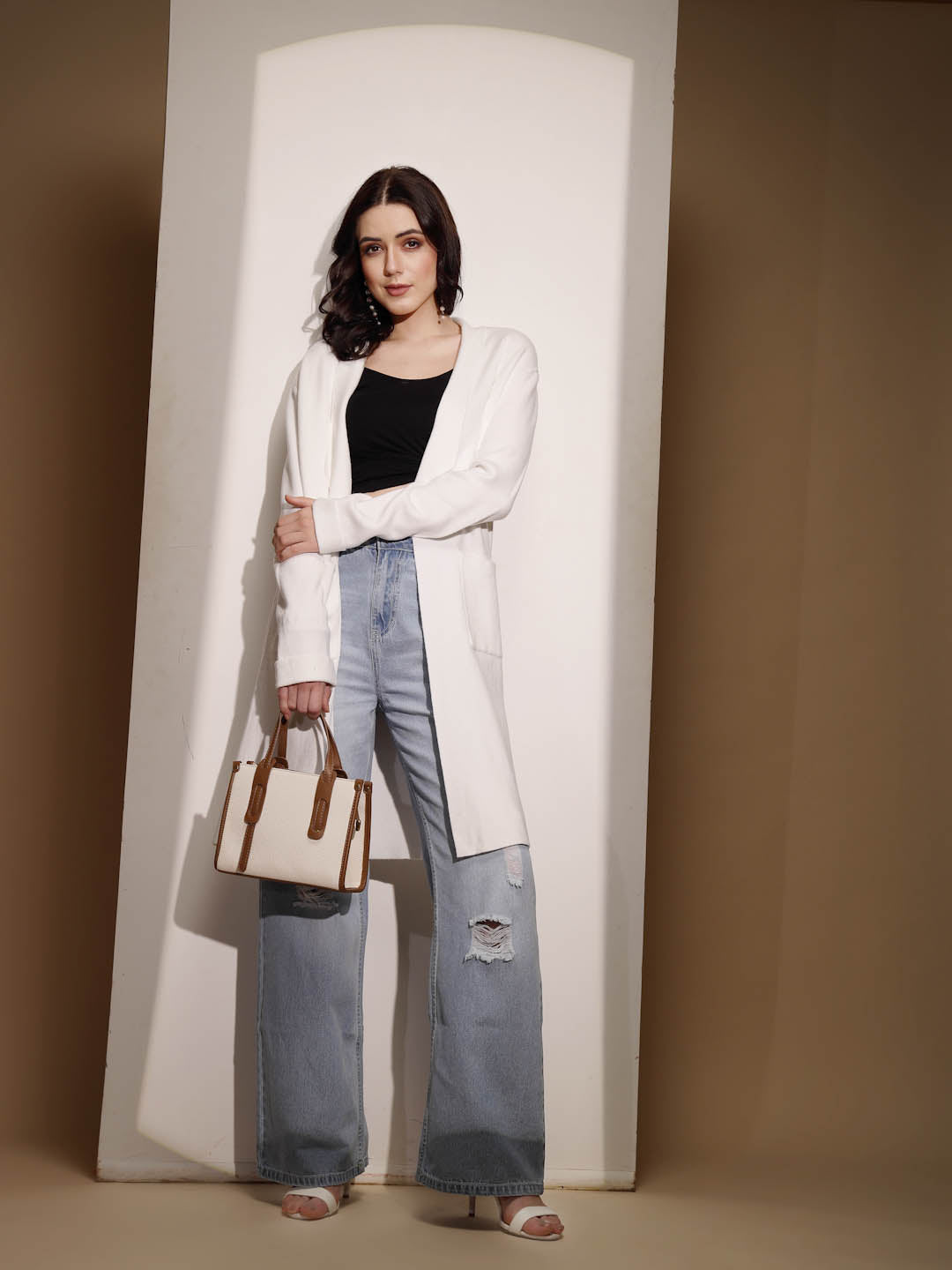 Beige Solid Knitted Shrug - Global Republic