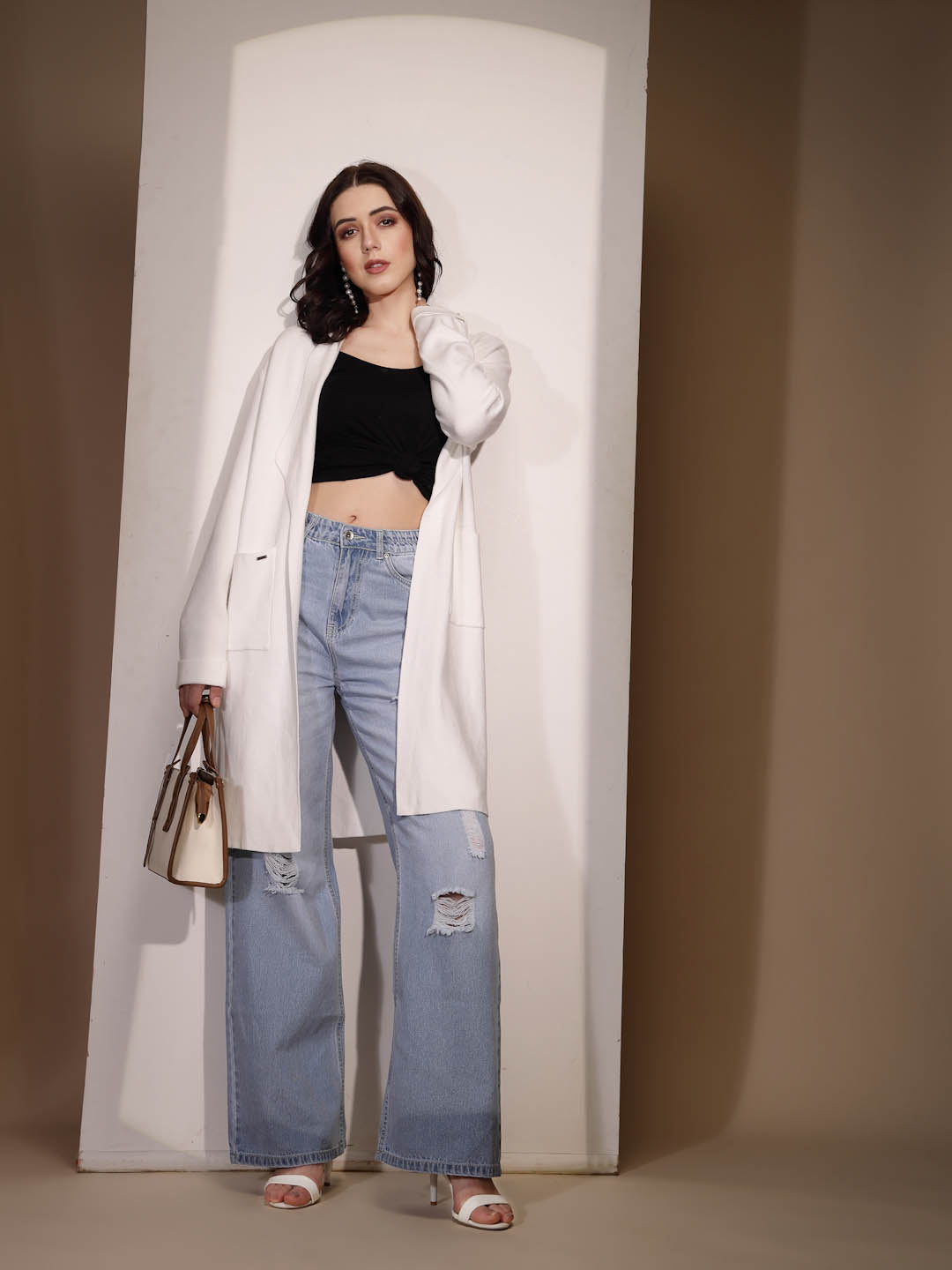 Beige Solid Knitted Shrug - Global Republic