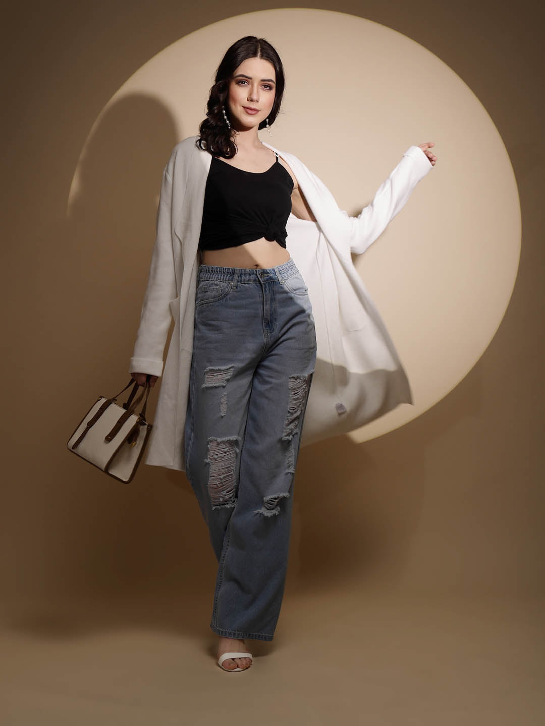 Beige Solid Knitted Shrug - Global Republic