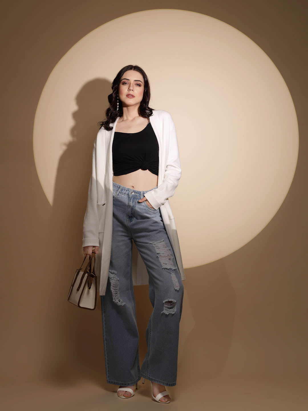 Beige Solid Knitted Shrug - Global Republic