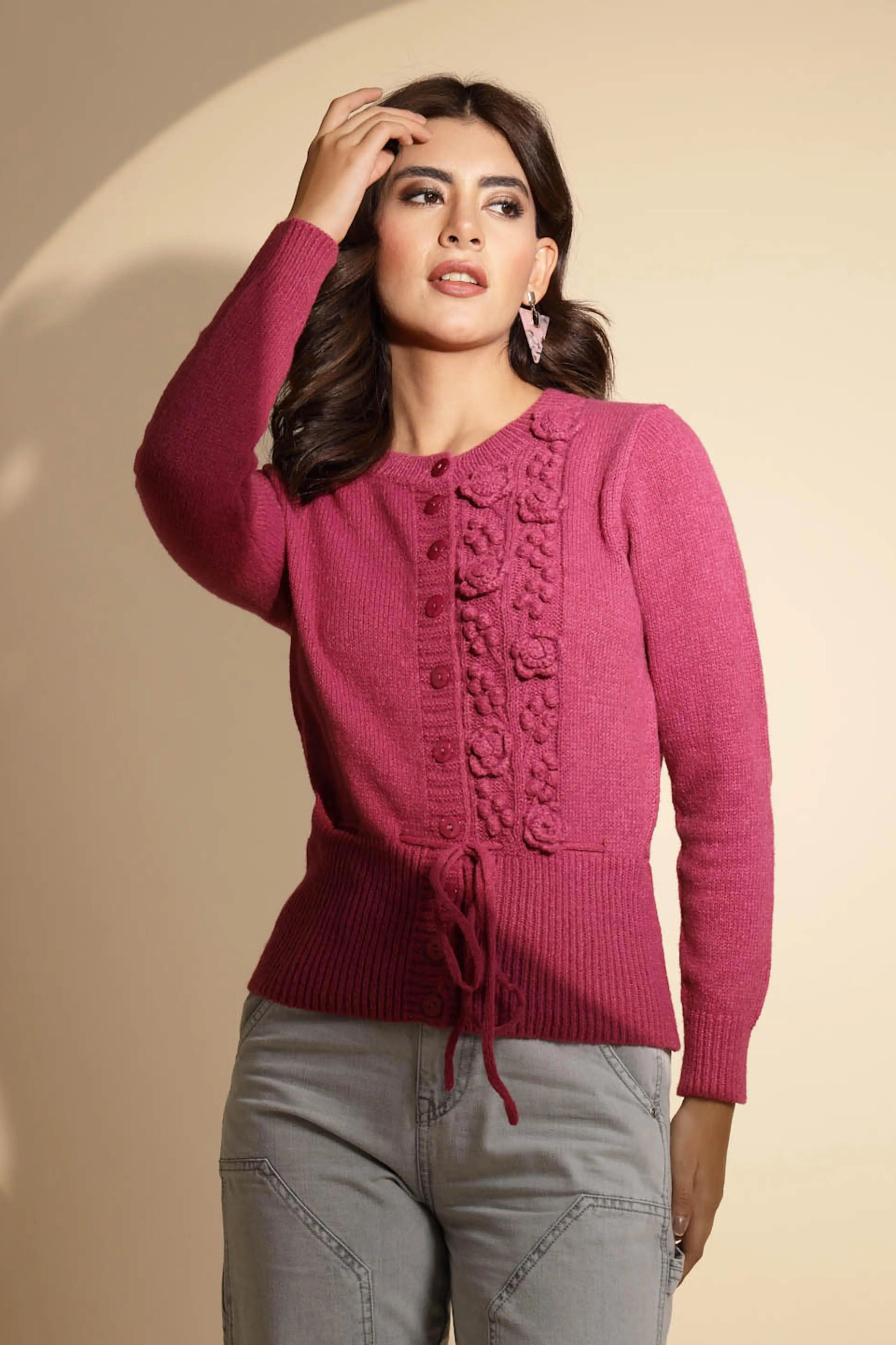 Pink Solid ester Cardigan - Global Republic