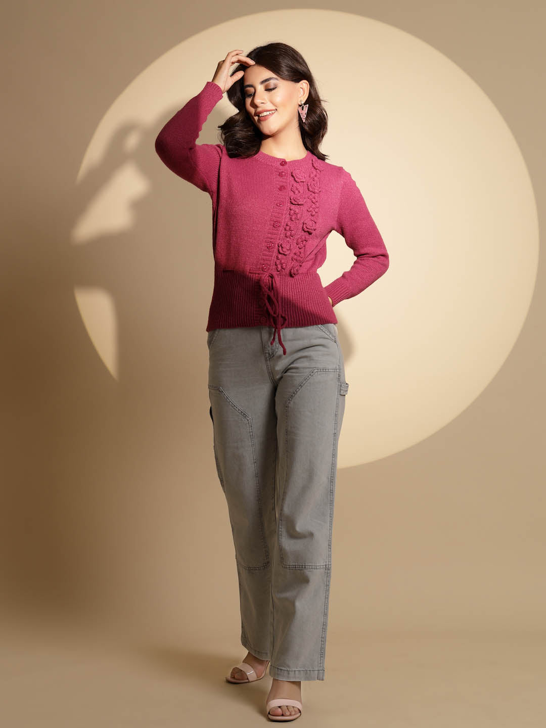 Pink Solid ester Cardigan - Global Republic