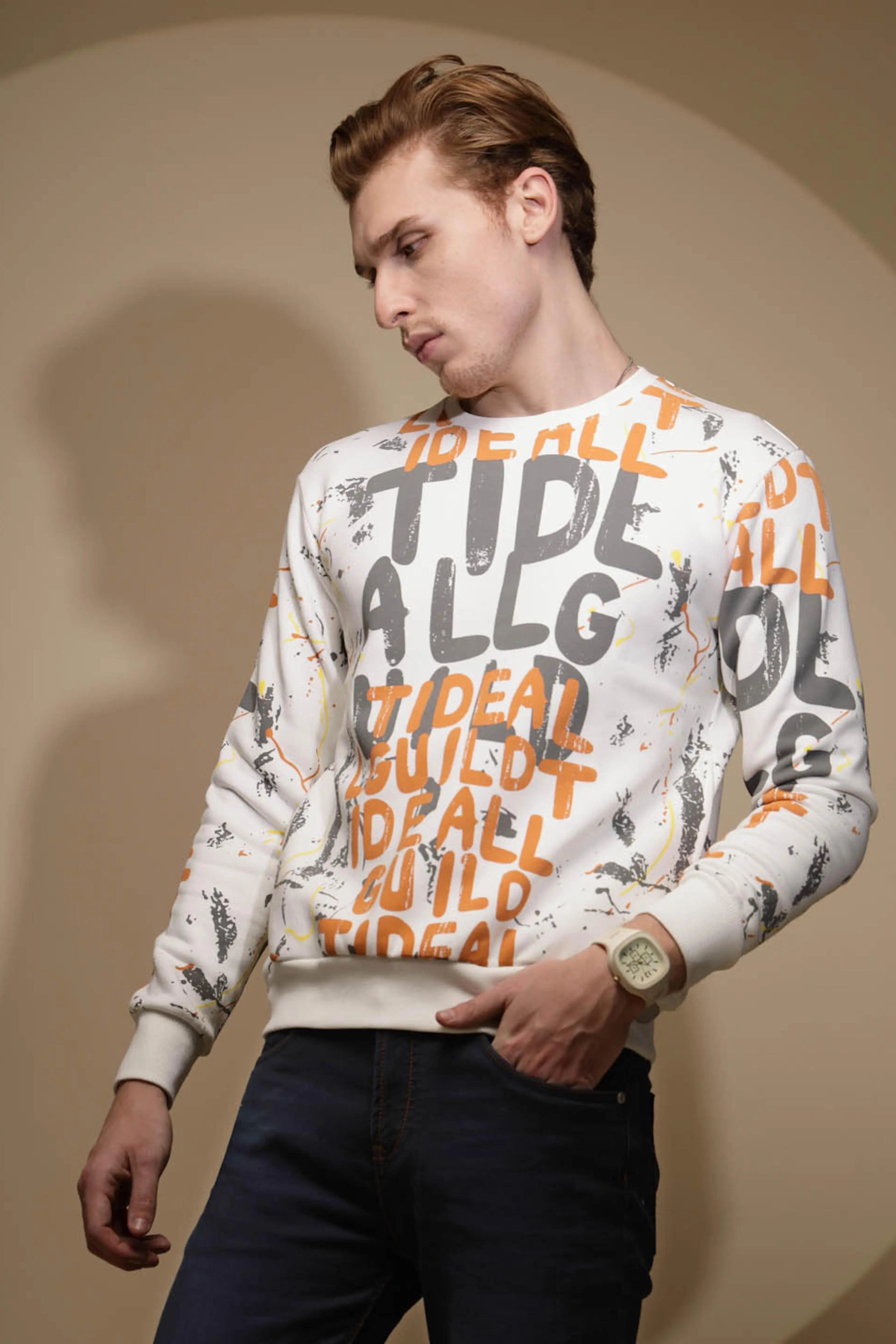 Off White Abstract Print Full Sleeve Round Neck Fleece Sweatshirt - Global Republic