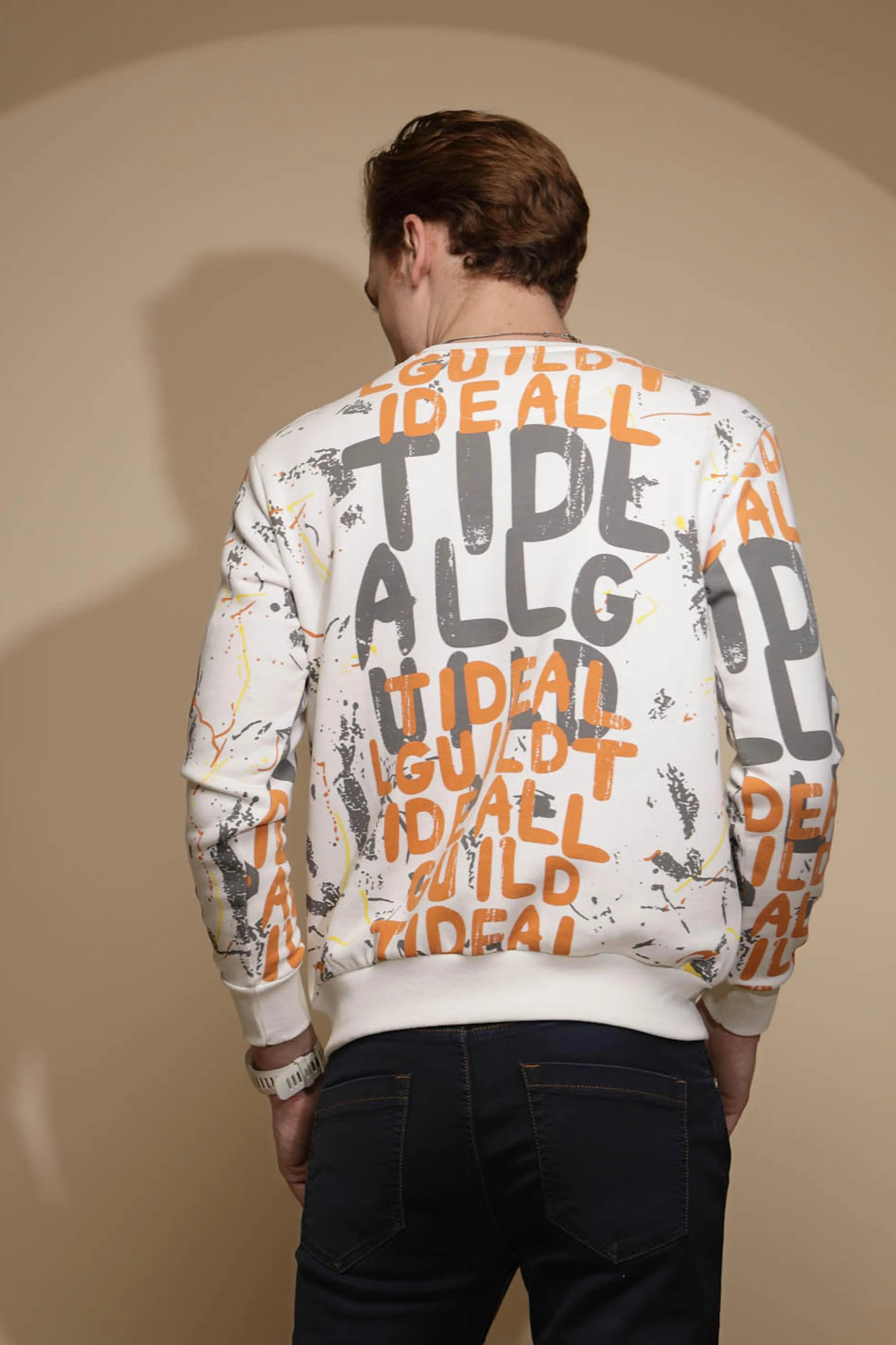Off White Abstract Print Full Sleeve Round Neck Fleece Sweatshirt - Global Republic