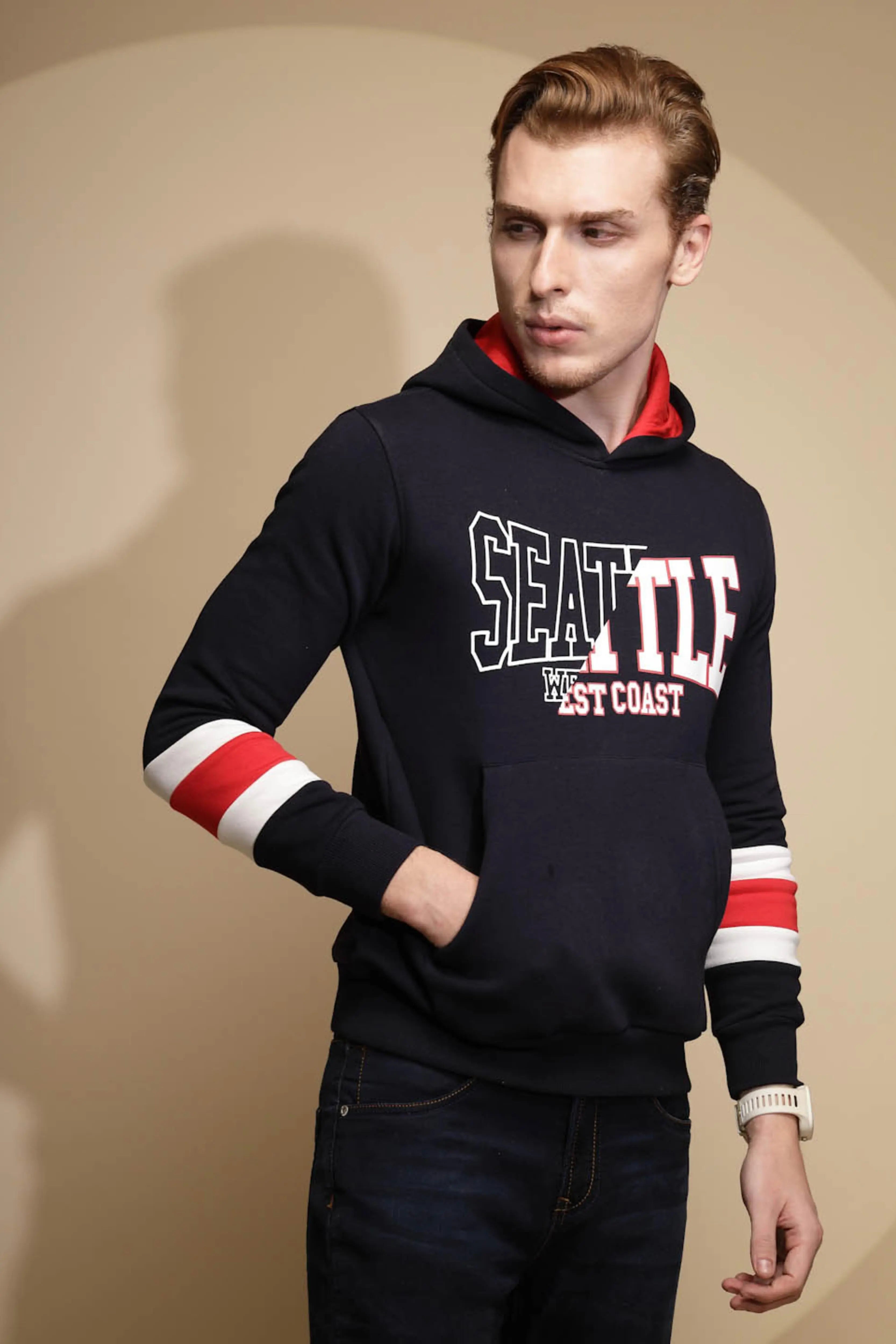 Navy Blue Solid Full Sleeve Fleece Hooded Sweatshirt - Global Republic