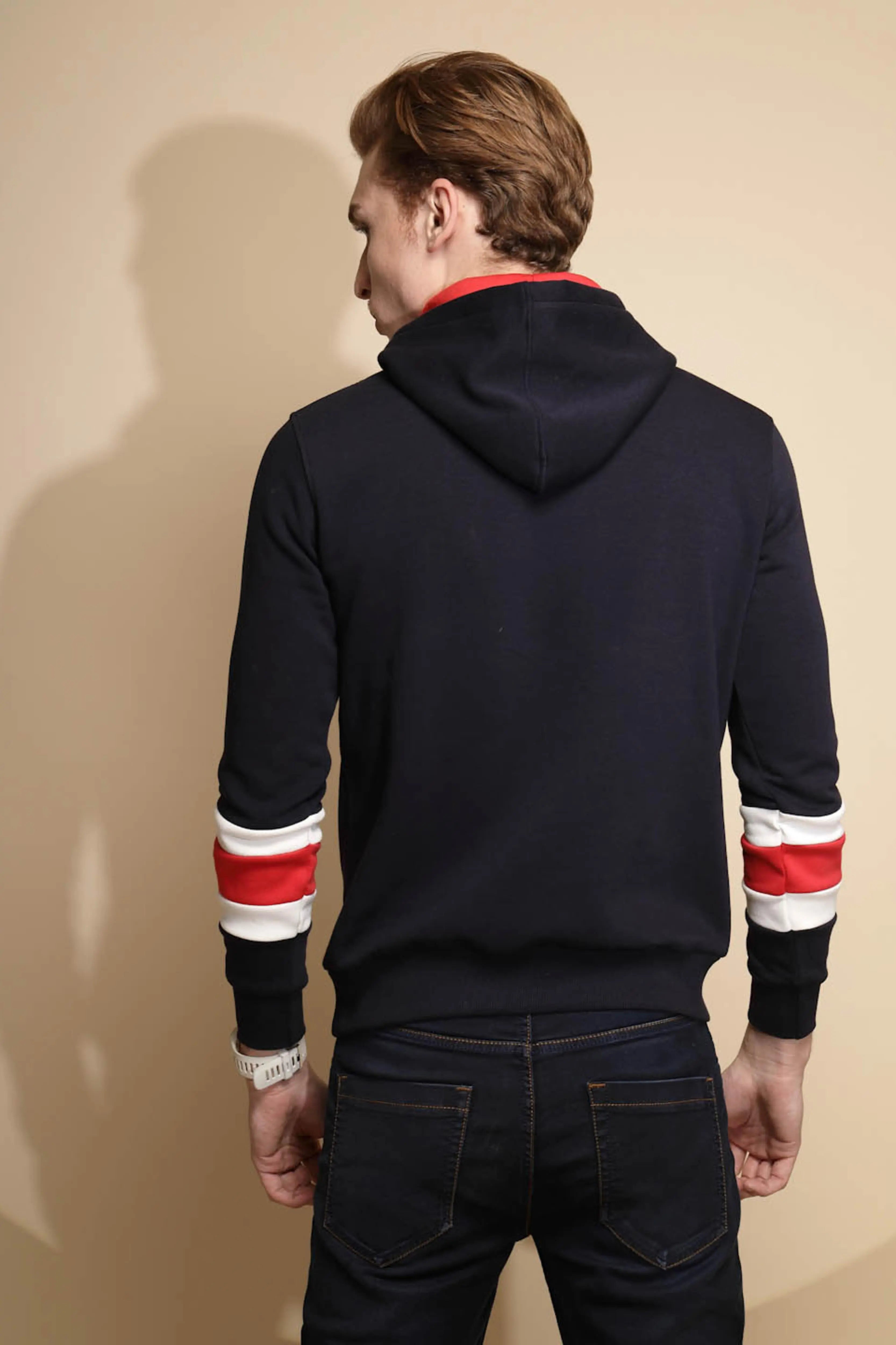 Navy Blue Solid Full Sleeve Fleece Hooded Sweatshirt - Global Republic